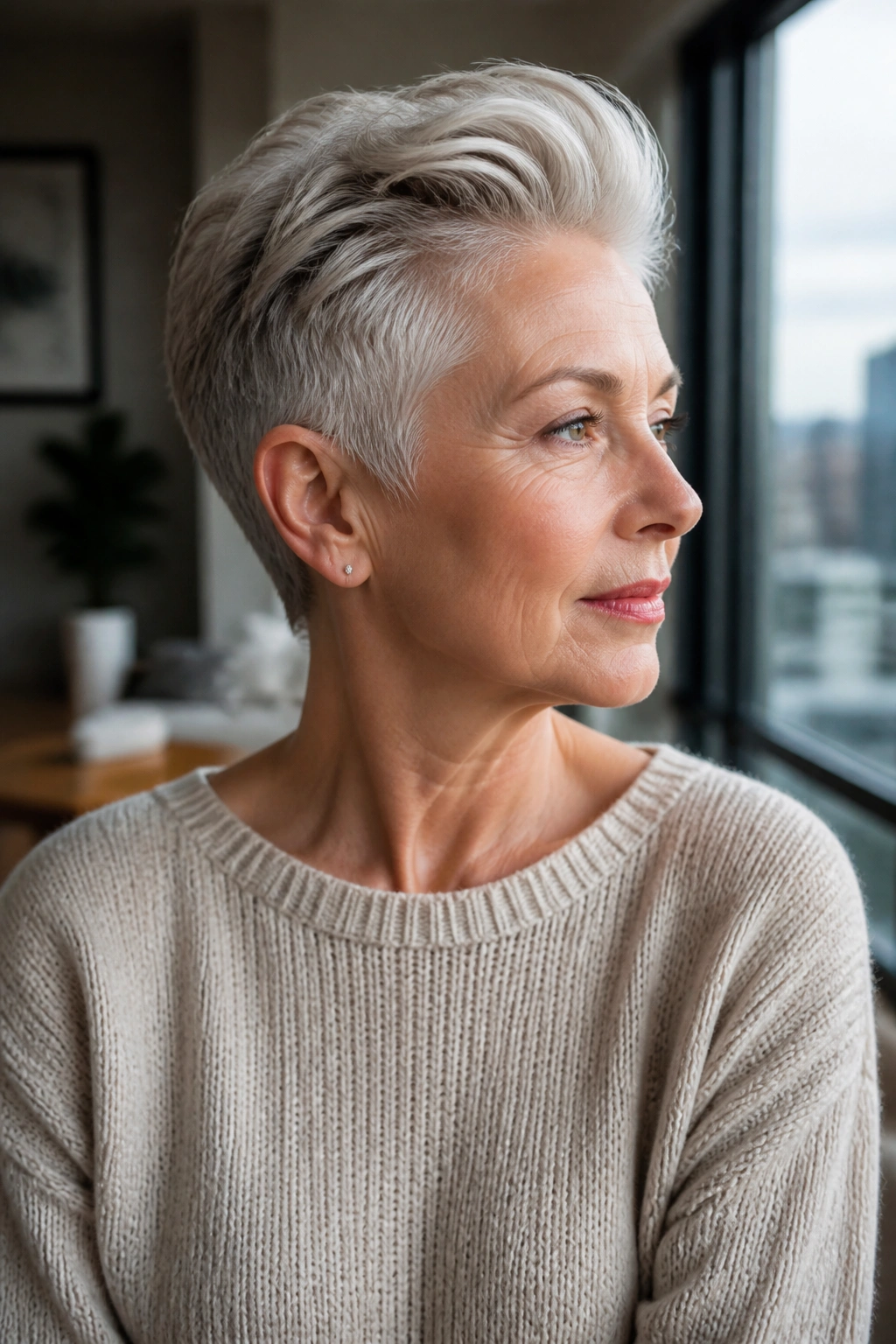 Real woman with long-top pixie swept-back crown in a modern home