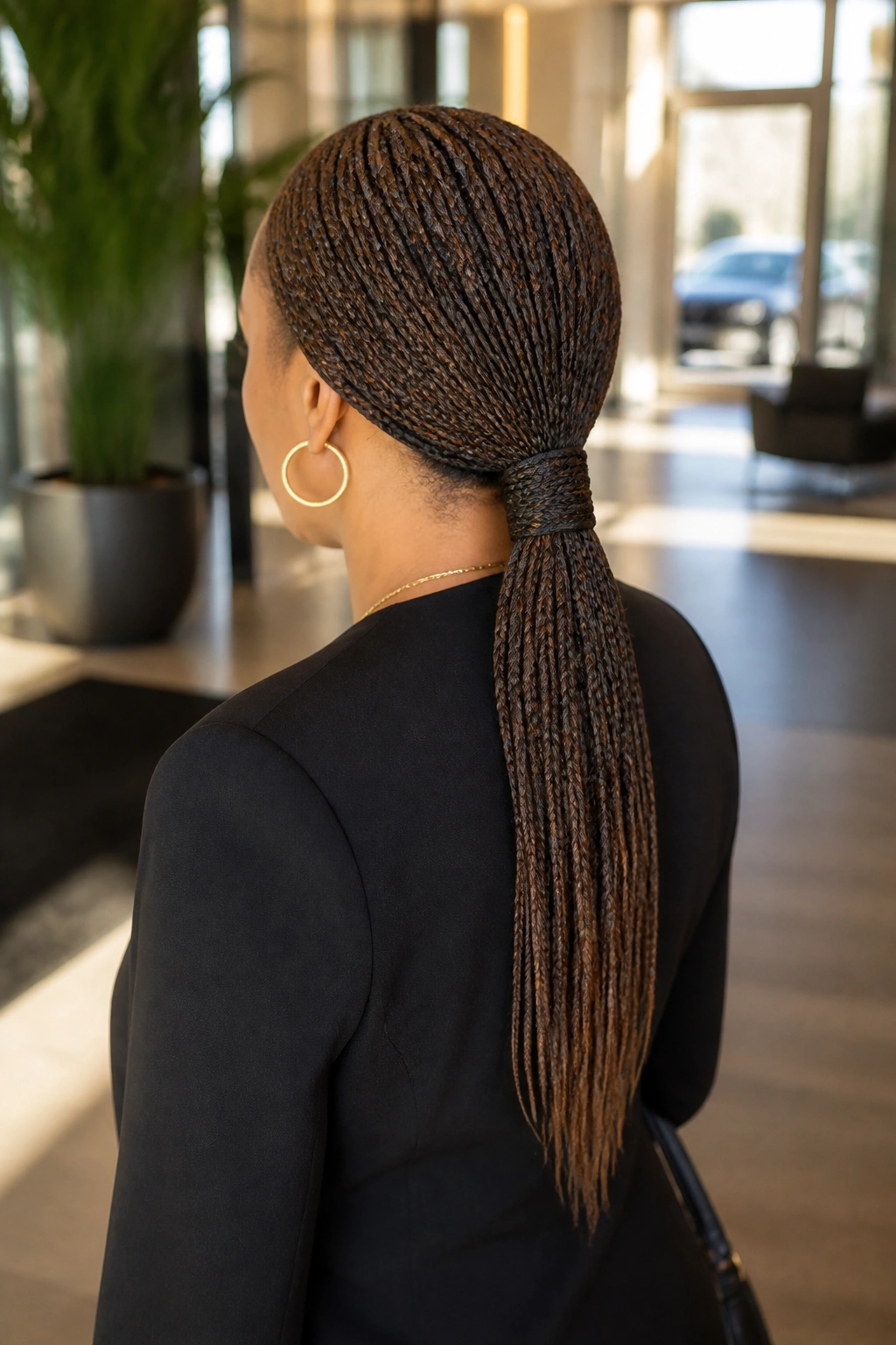 Rear view of a woman with a low braided ponytail wrapped base