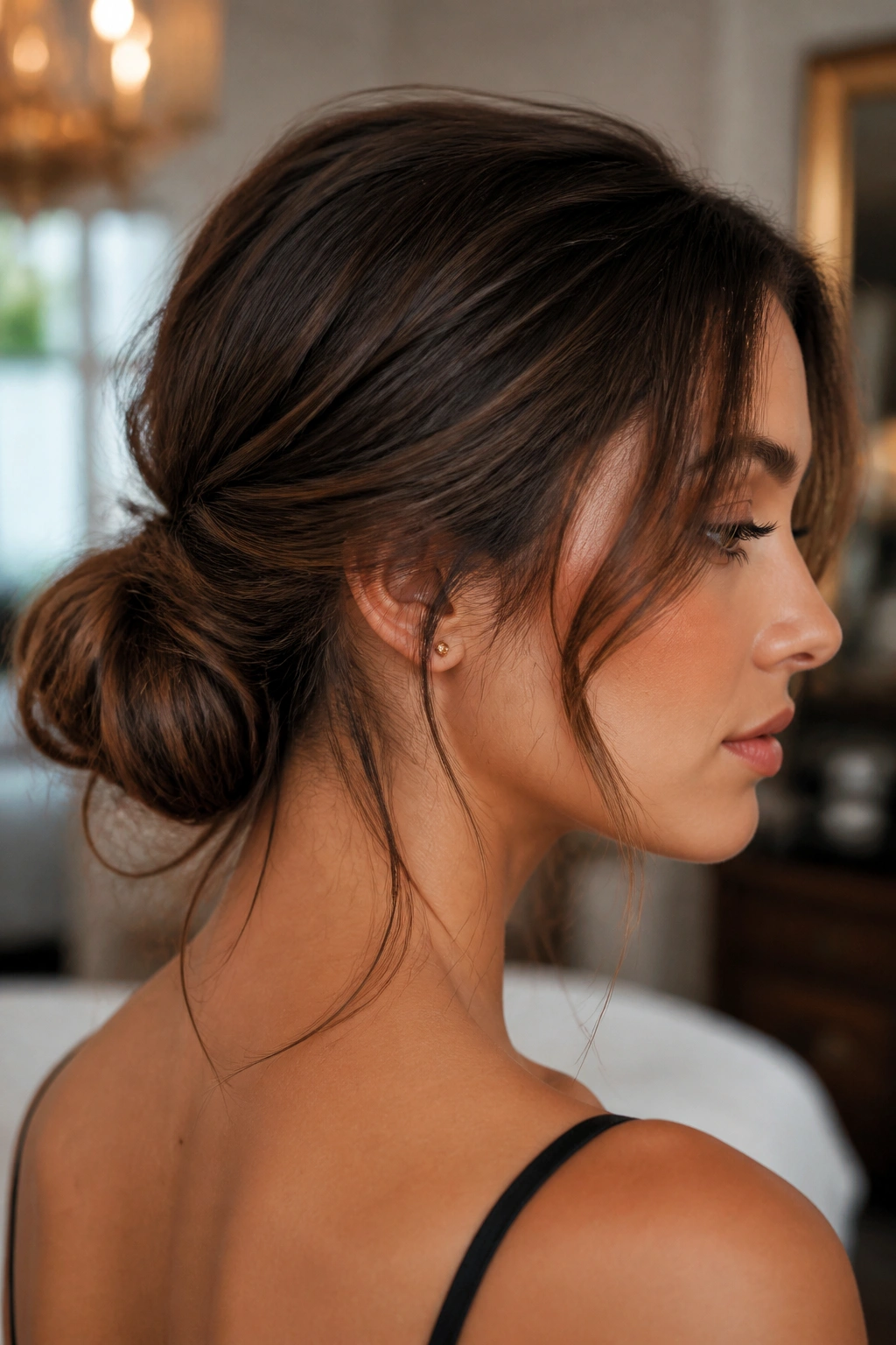 Close-up portrait of a woman with a low bun and loose layered pieces framing her face.