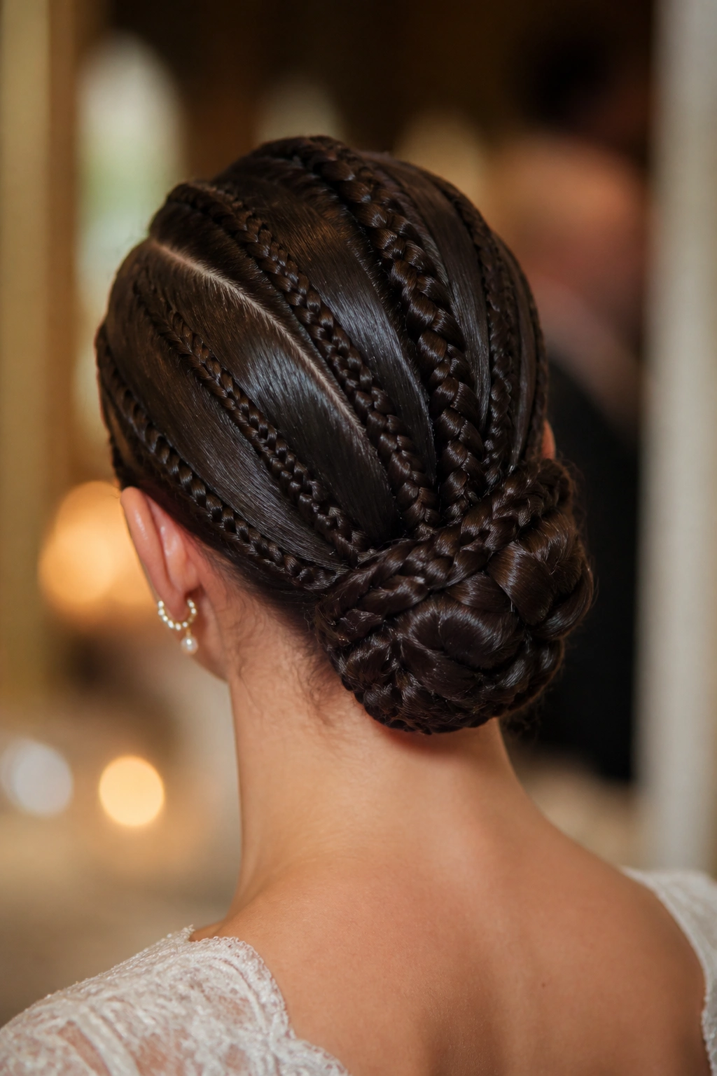 Low chignon formed from multiple slicked braids at the nape of the neck