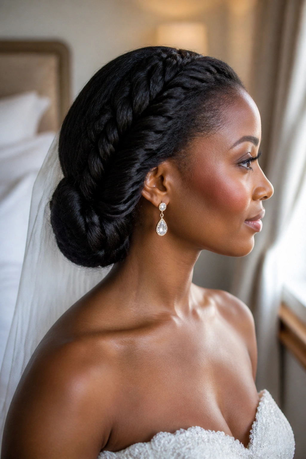 Profile view of bride with low fishtail loop