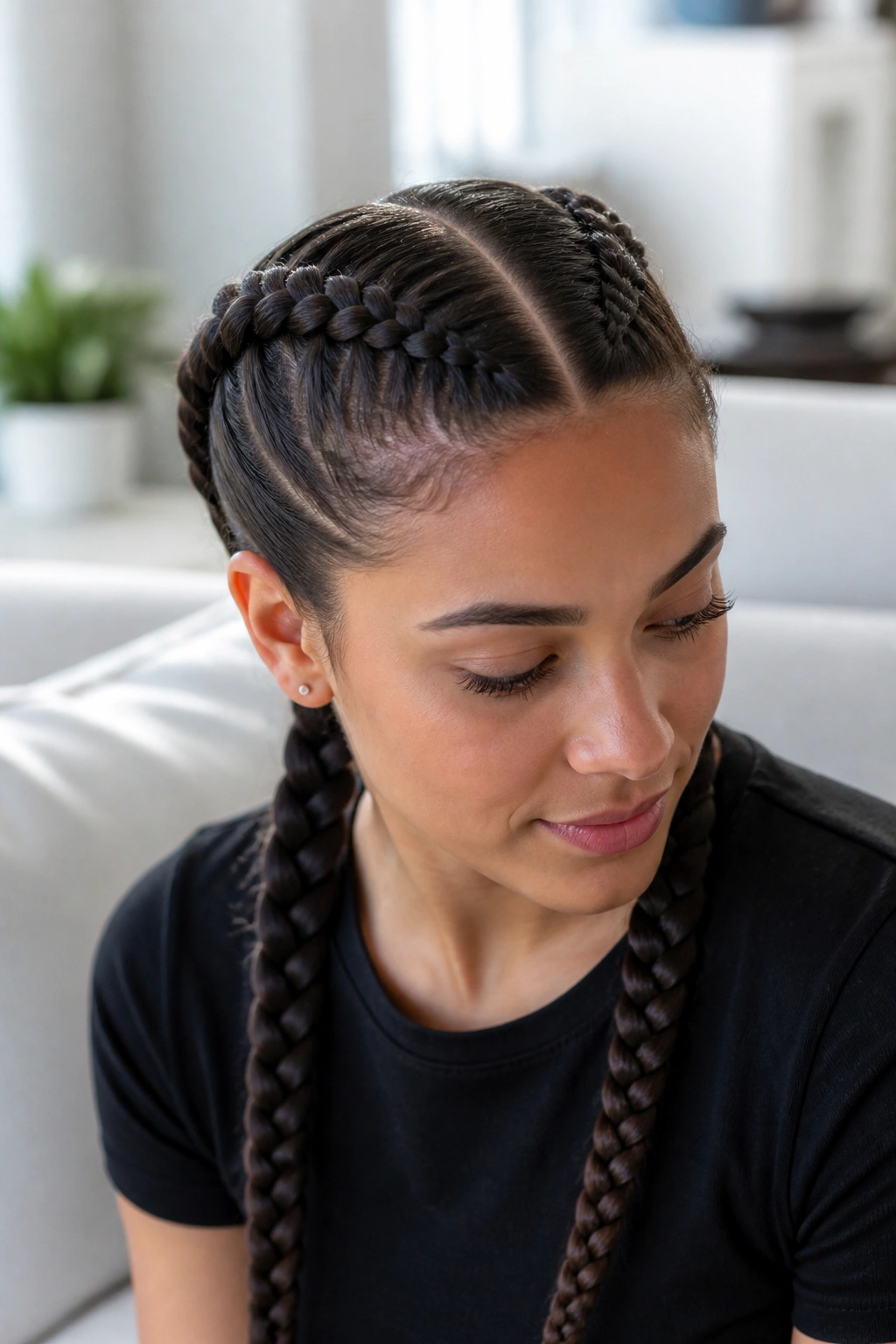Close-up of real person with two Dutch braids on crown, center part visible