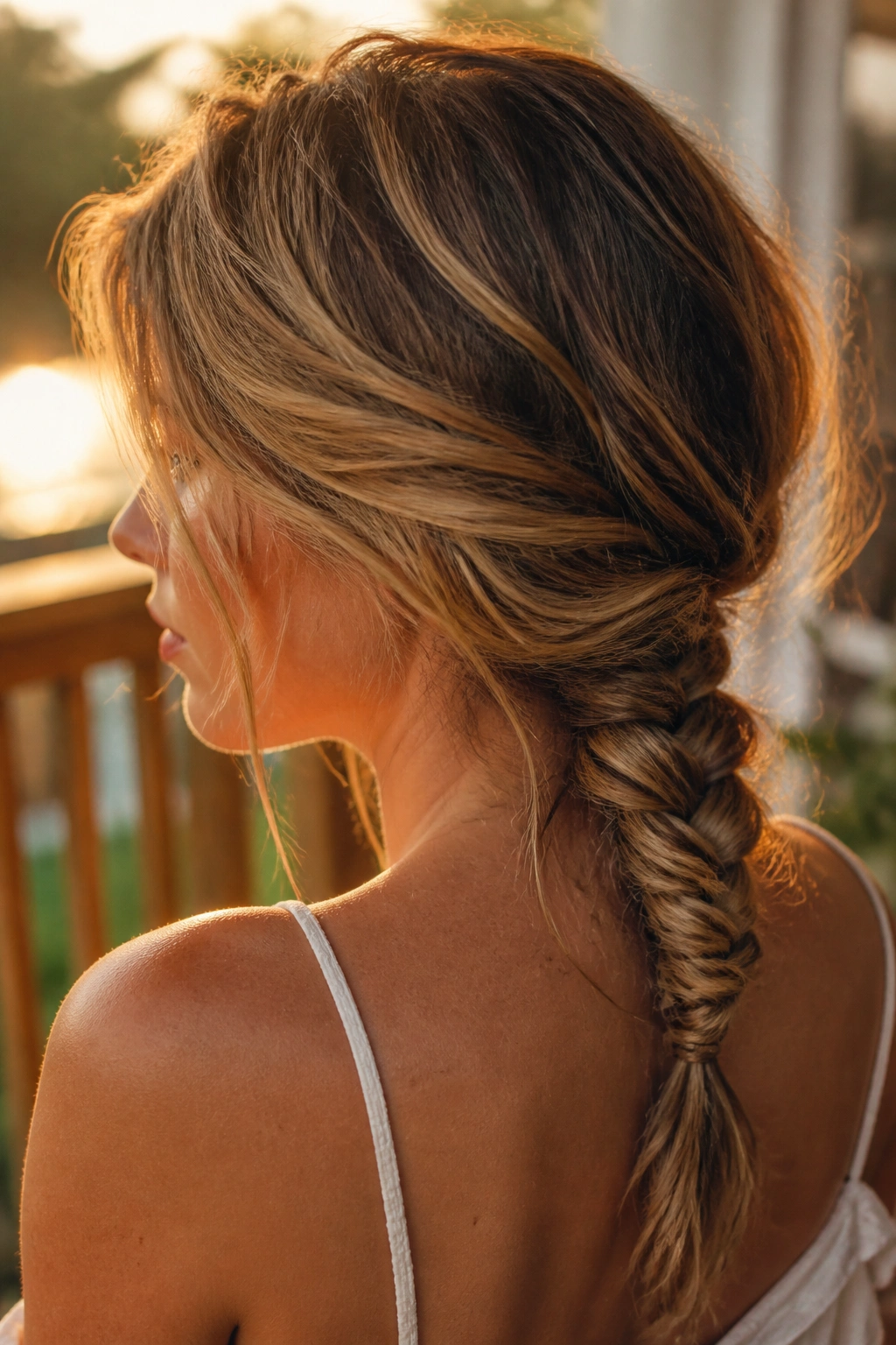 Close-up of a real woman with a low-slung messy fishtail at the nape.