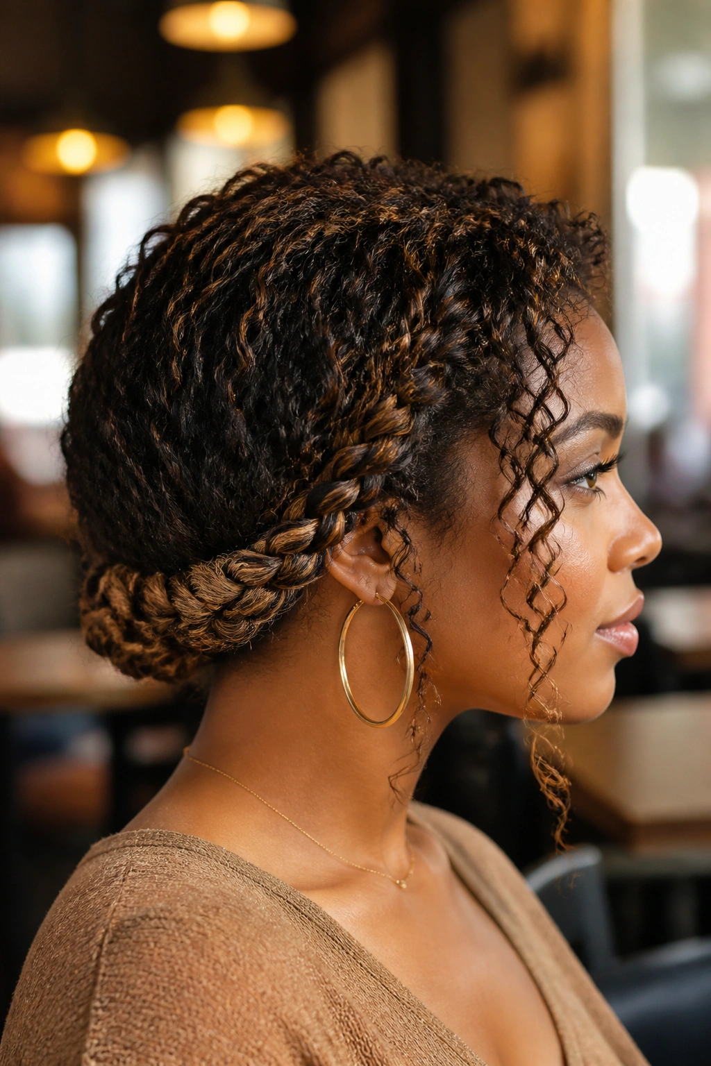 Close-up of a real person with a low-slung nape halo resting at the base of the skull.