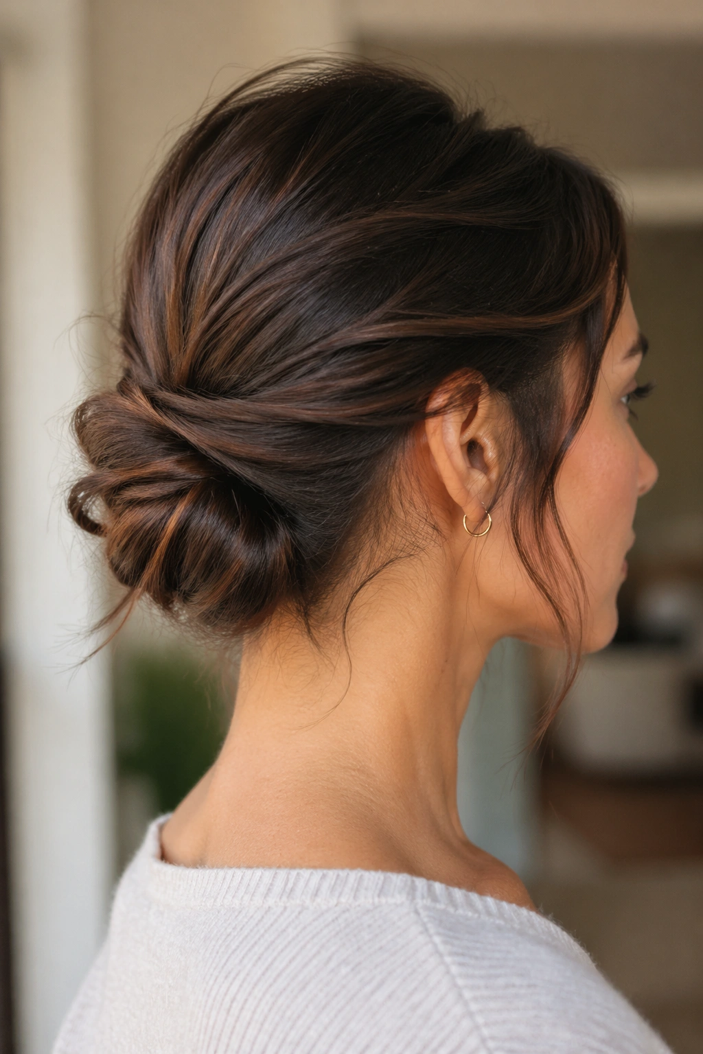 Close-up of a real woman with an everyday low twist hairstyle.