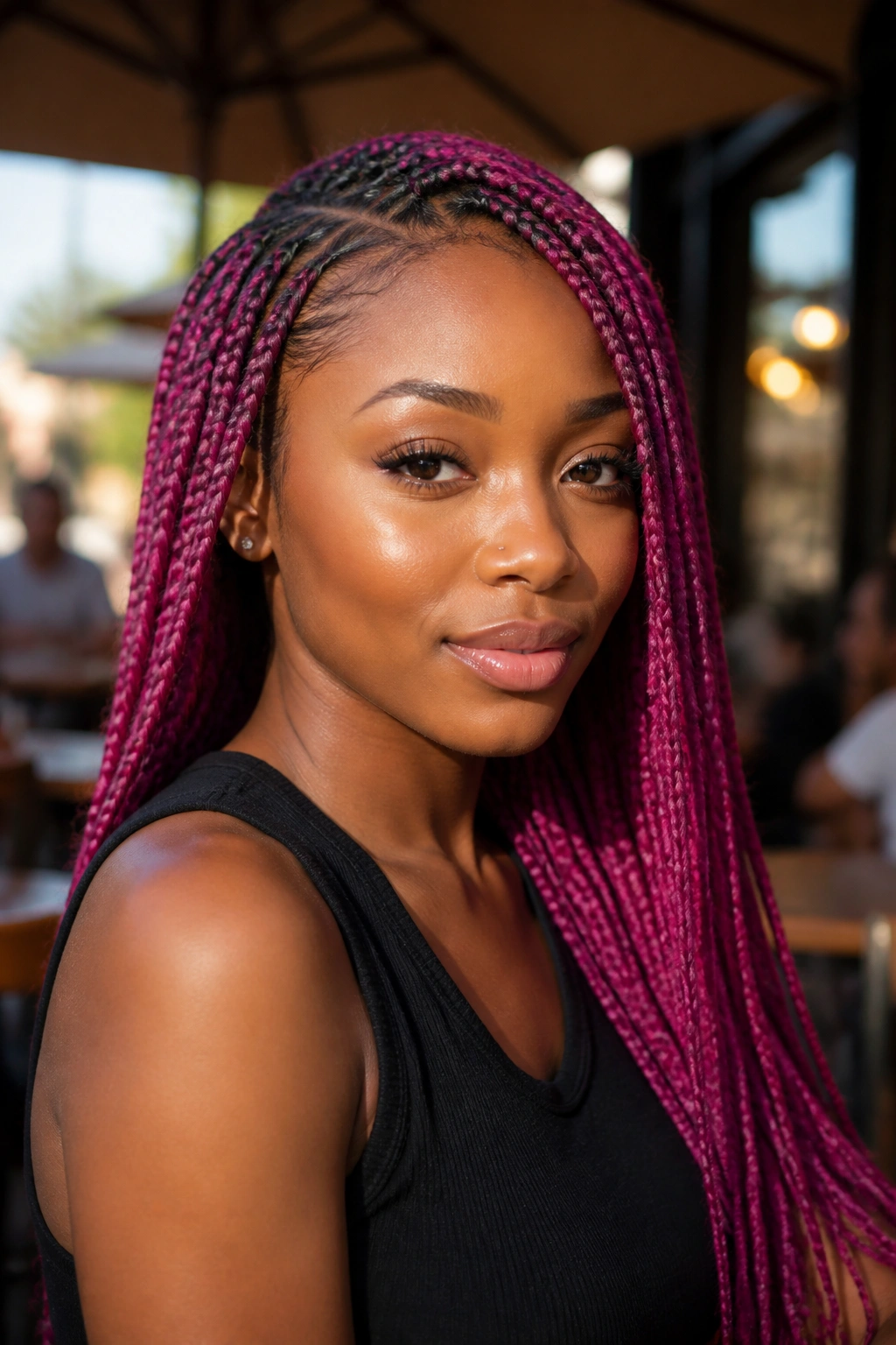 Portrait of a woman with magenta box braids outdoors