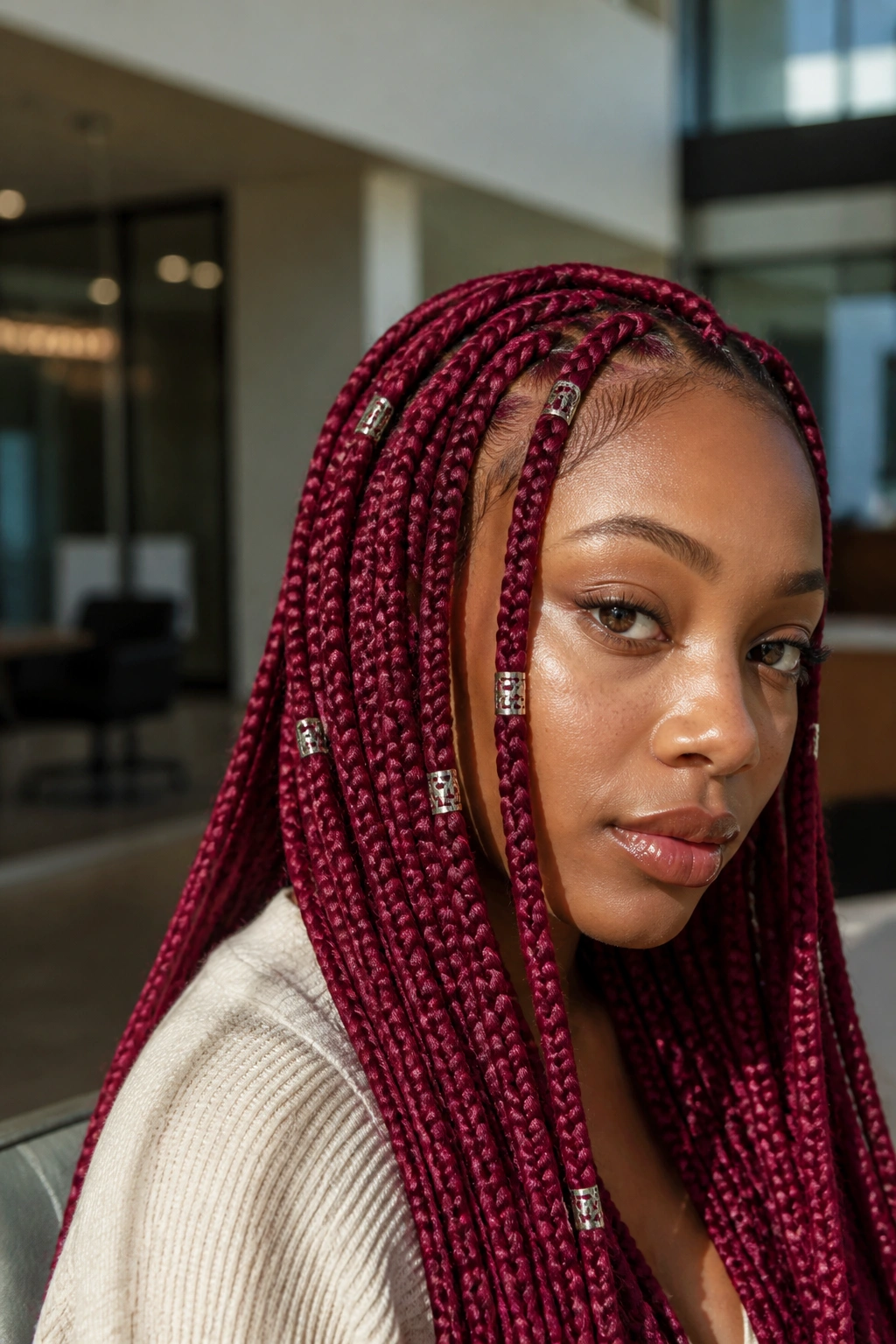 Close-up magenta knotless braids with silver filigree tubes