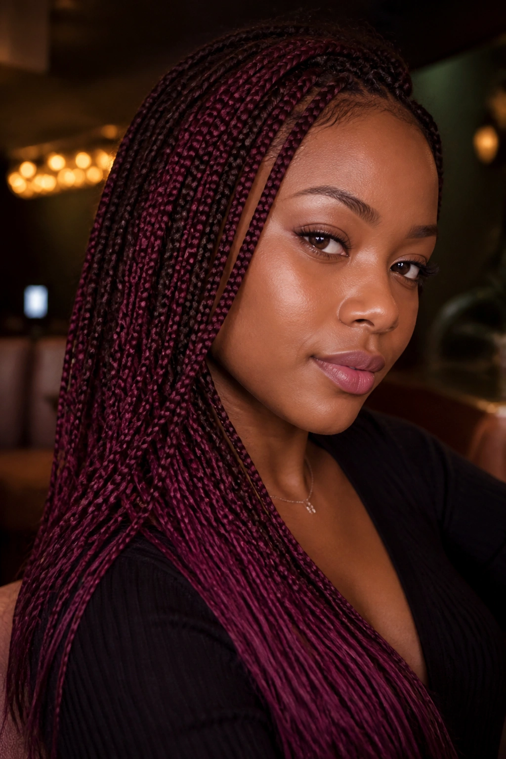 Close-up portrait of a real person with mahogany brown hair and magenta strands