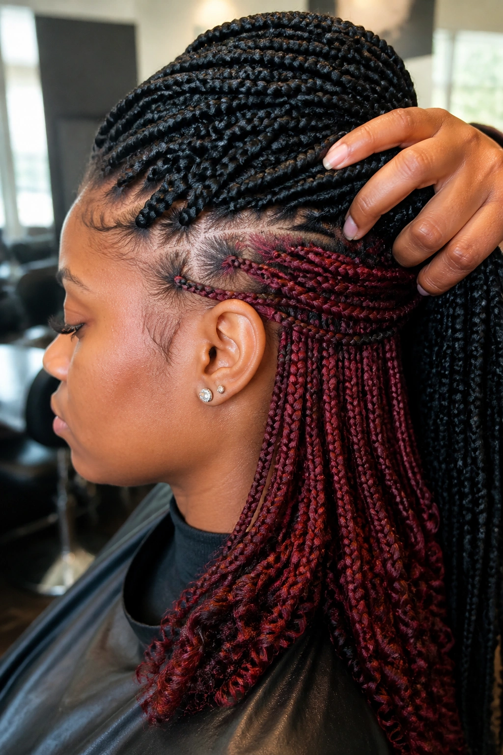 Real person with mahogany red underlayer peeking through black braids in a layered look