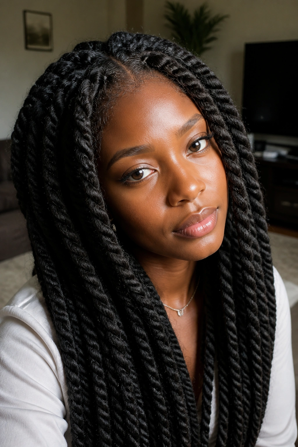 Close-up of a real woman with long Marley twists showing coarse texture.