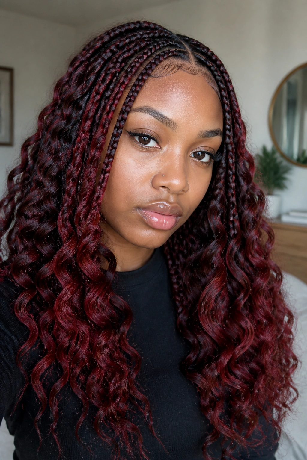 Close-up portrait of a real woman with maroon peekaboo braids and deep waves
