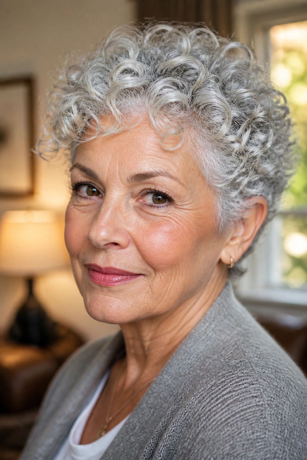 Close-up of a woman with silver curls in natural light