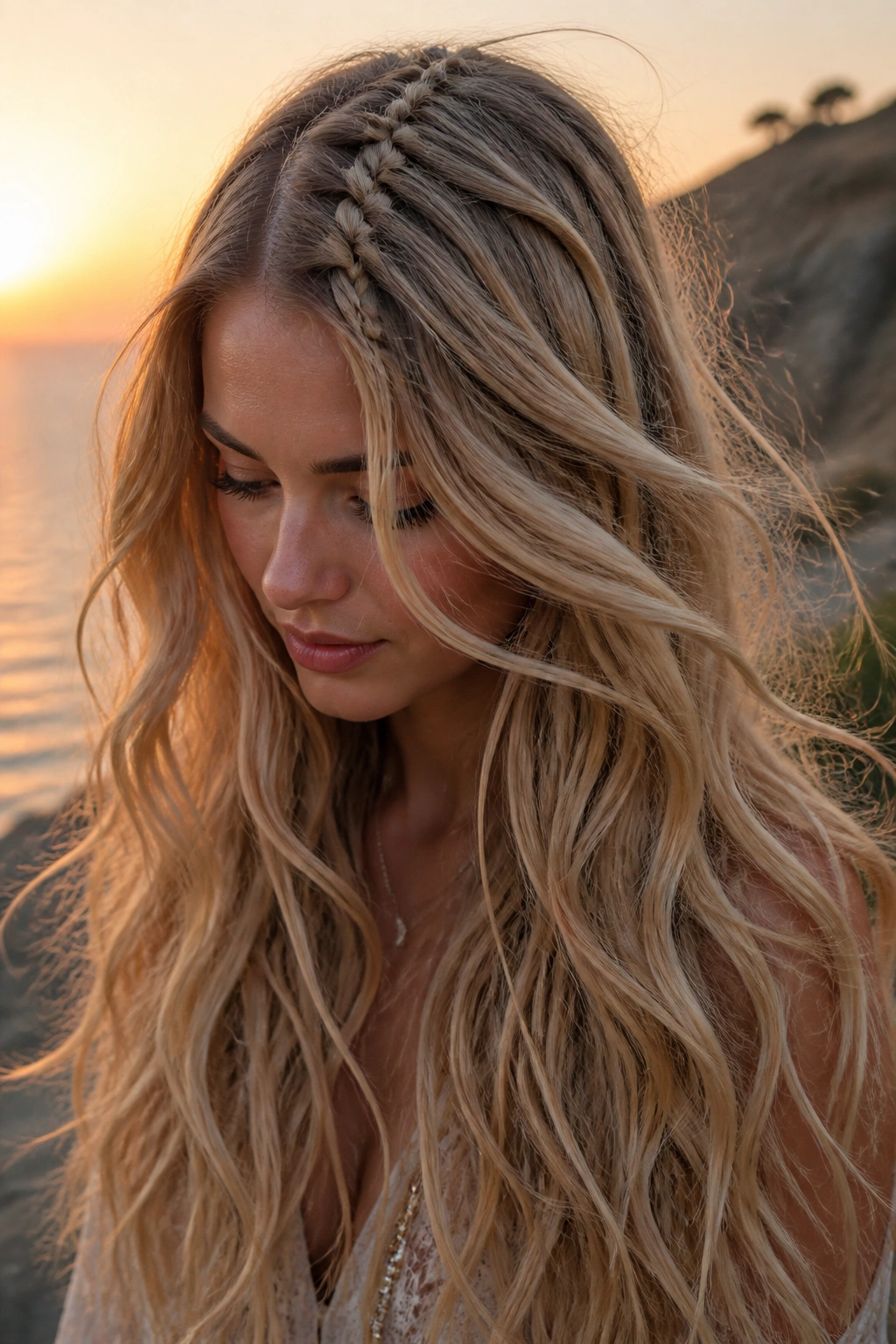 Close-up of a real woman with a slim center braid and long loose hair for a mermaid look