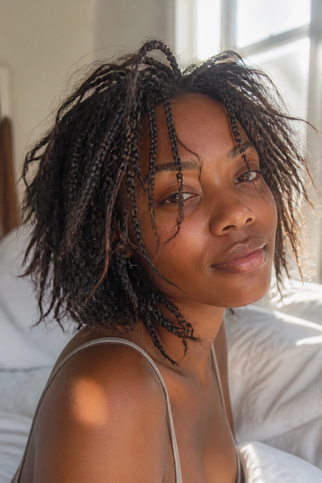 Close-up portrait of a real woman with a messy bohemian goddess bob.