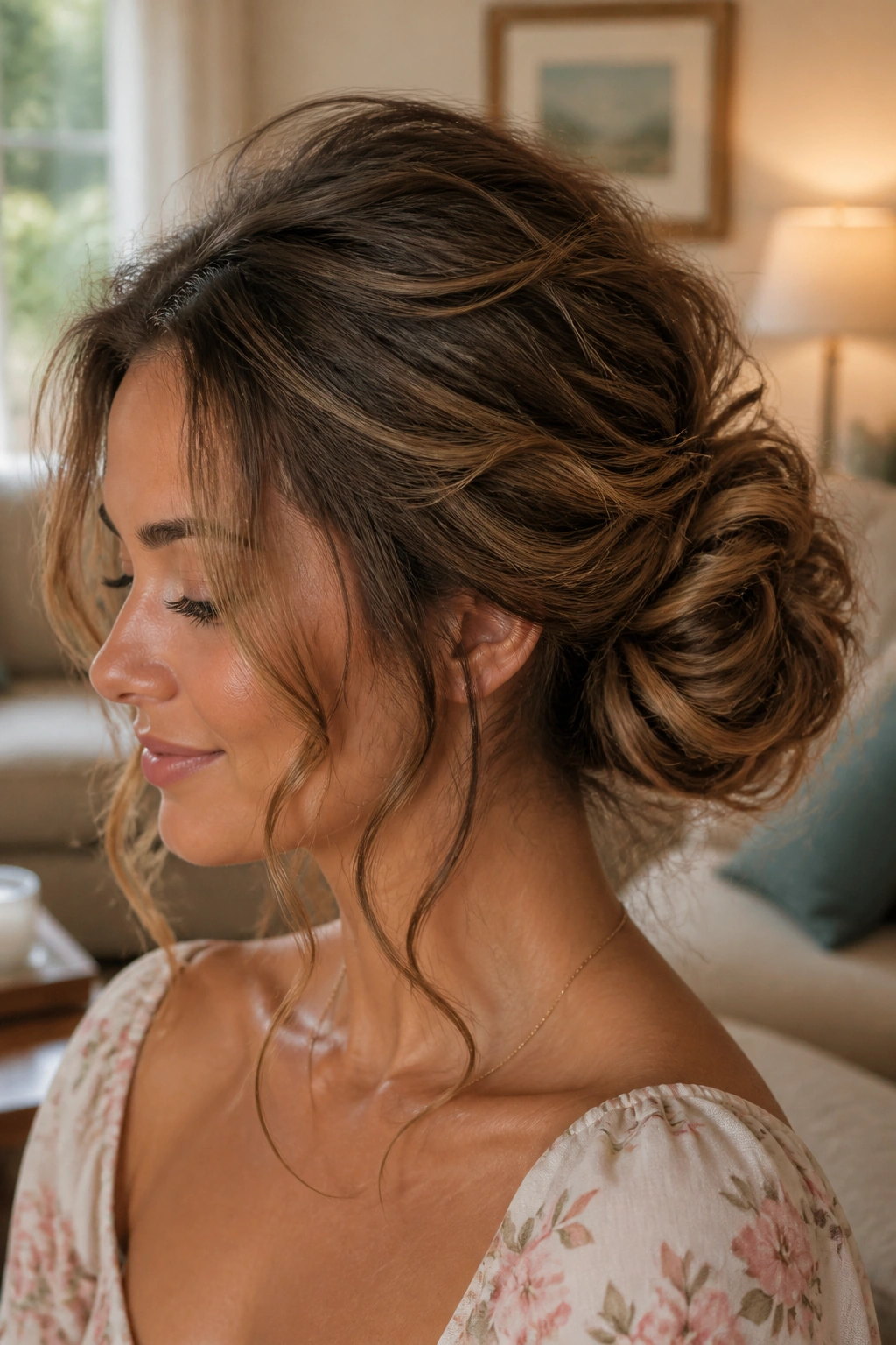 Close-up of a woman with a loose, low chignon and face-framing strands.