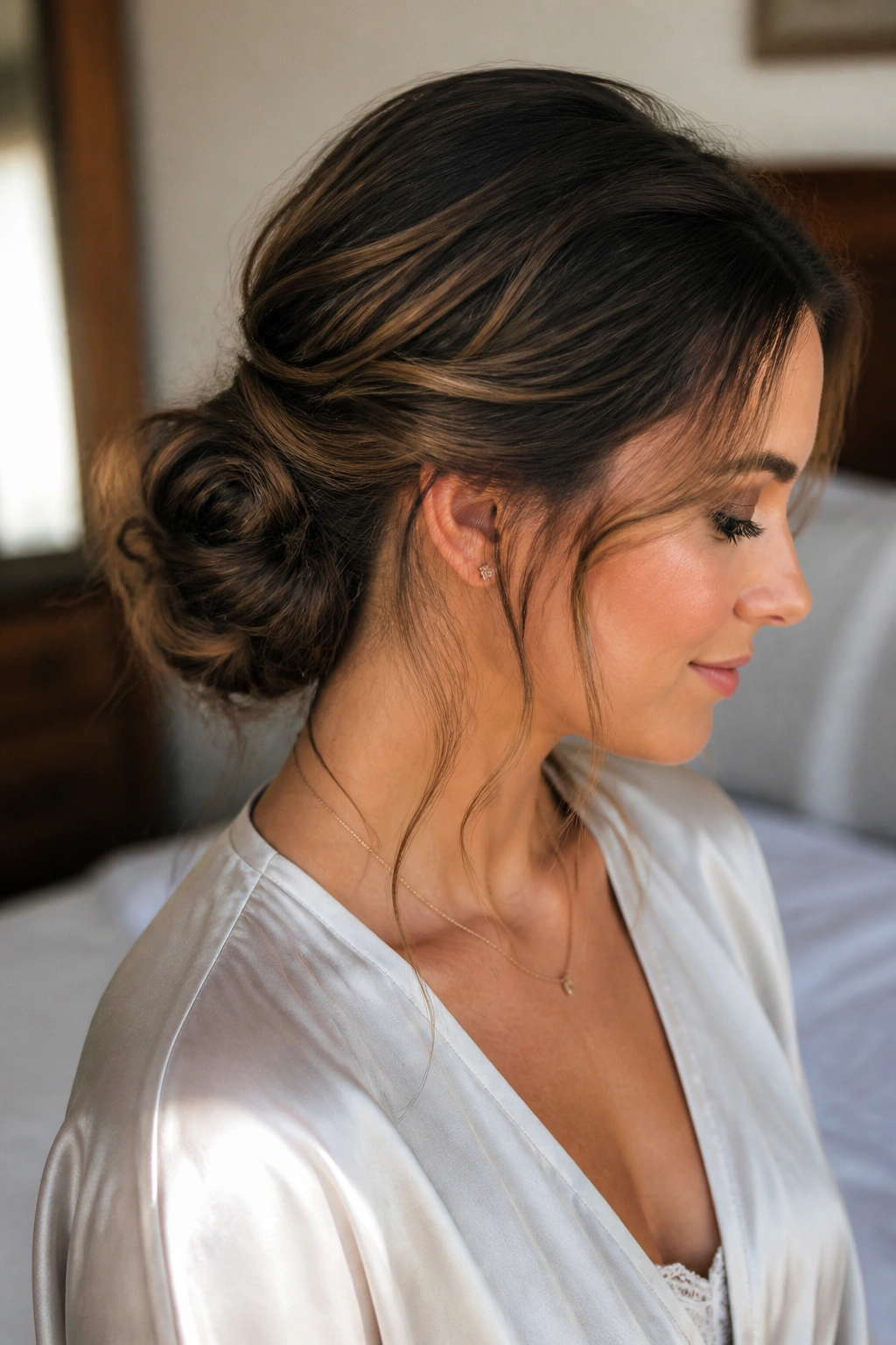 Close-up of a real woman with a messy chignon in warm window light.