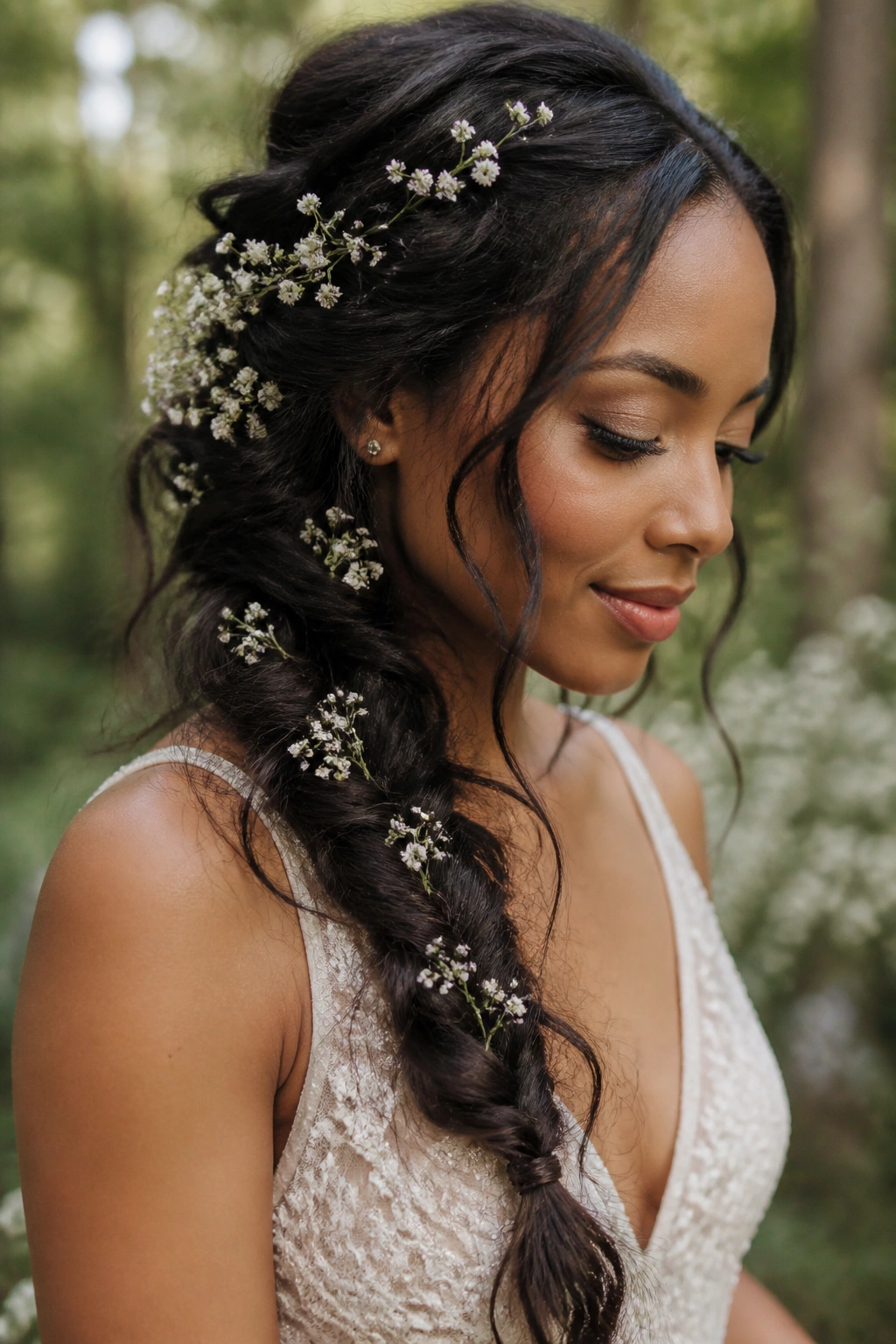 Close-up of a messy boho fishtail with baby's breath in a garden setting