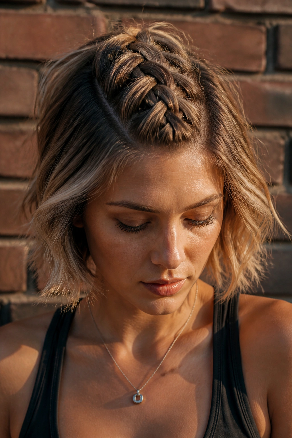 Close-up portrait of a real person with a center messy mohawk braid
