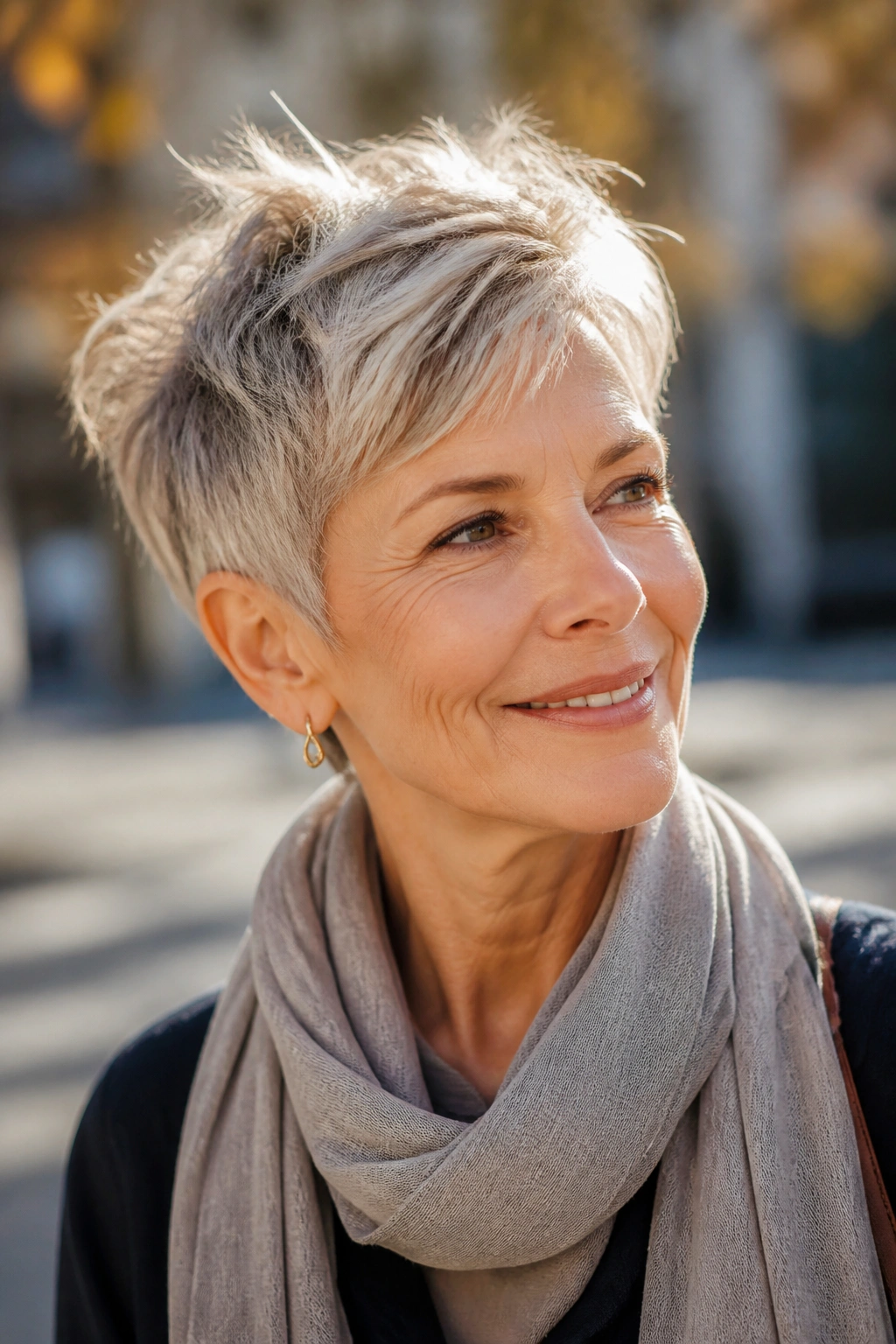 Real woman with messy pixie and soft choppy edges outdoors in sunlight