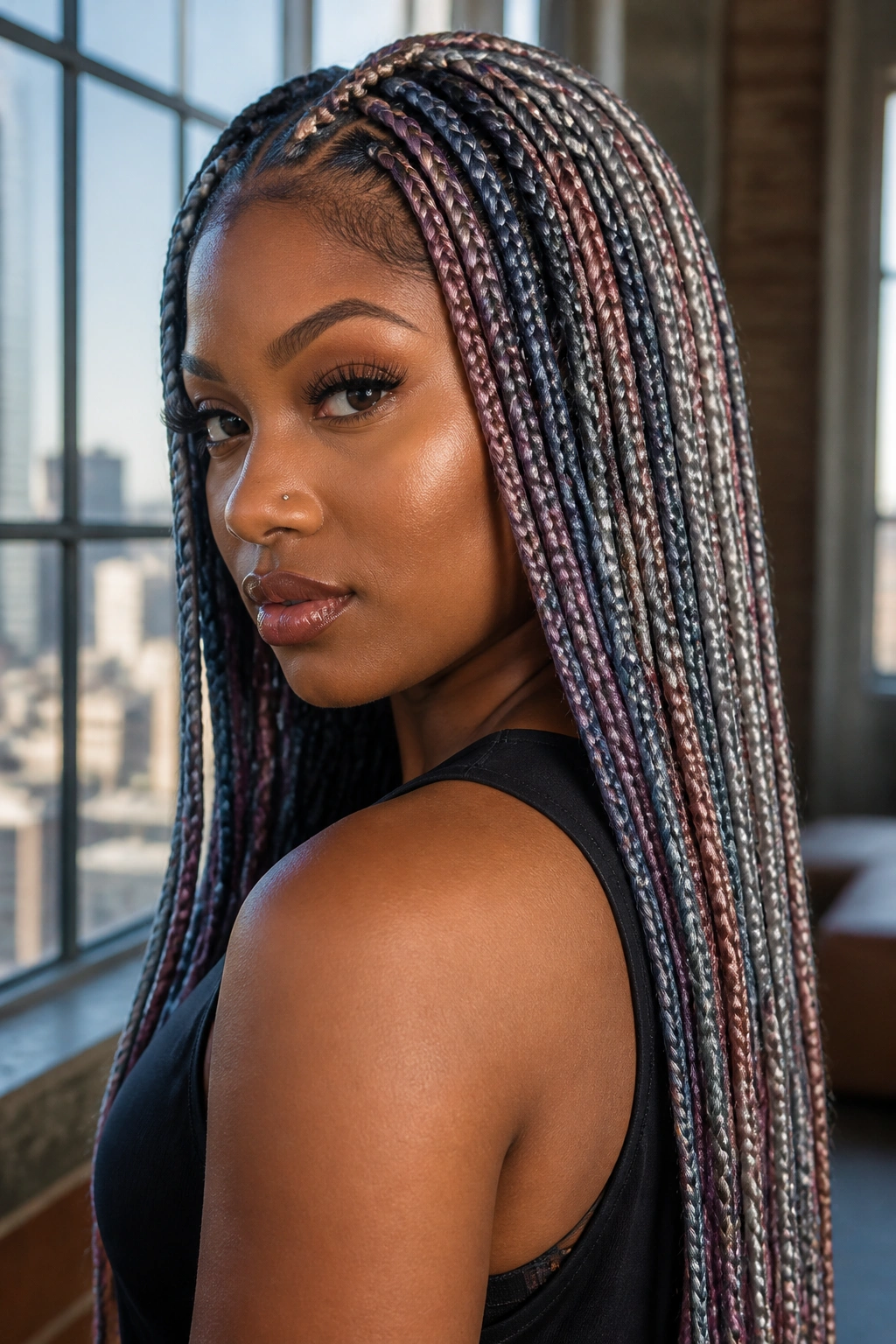 Close-up of metallic prism braids with high-shine finish on a real woman.