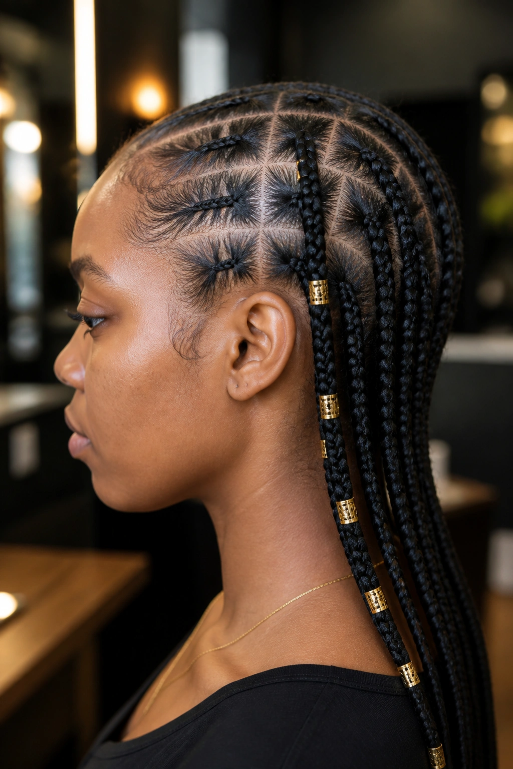 Profile view of a real person showing metallic cuffs on geometric square braids