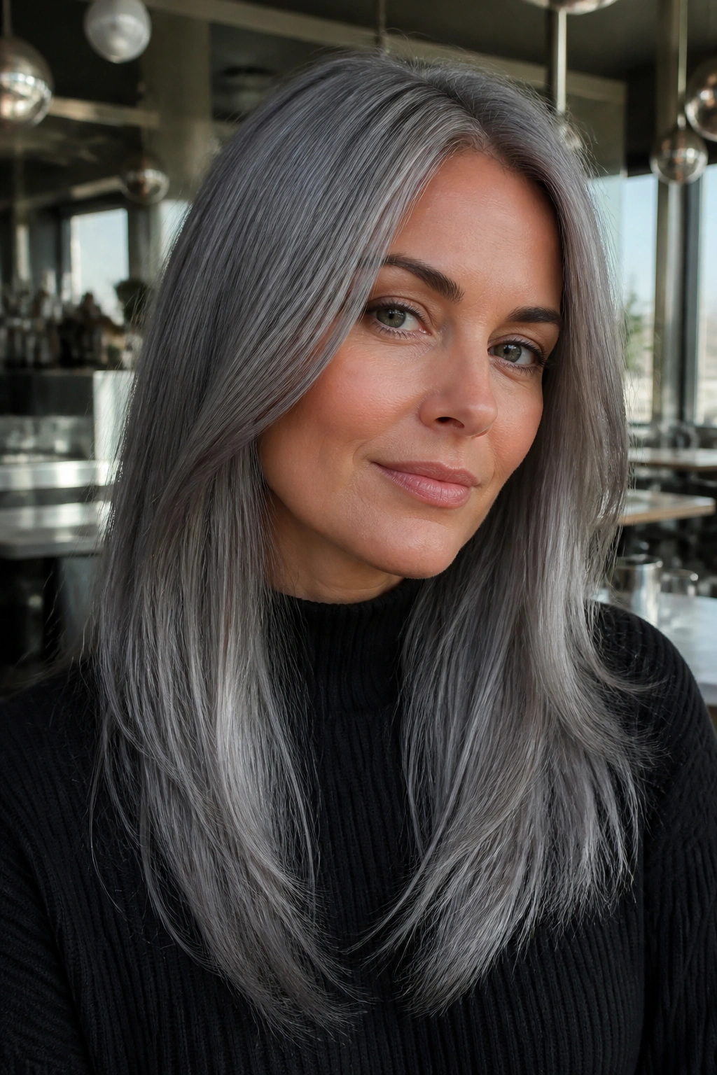 Close-up of a real person with metallic pewter hair in a modern cafe