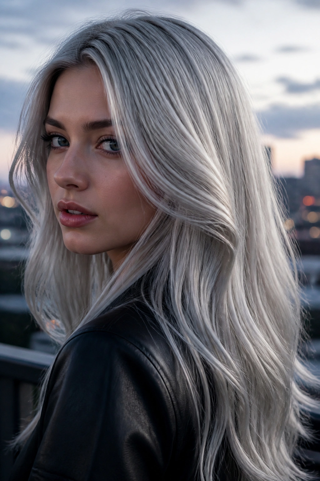 Close-up portrait of a real woman with metallic silver hair on a dusk rooftop
