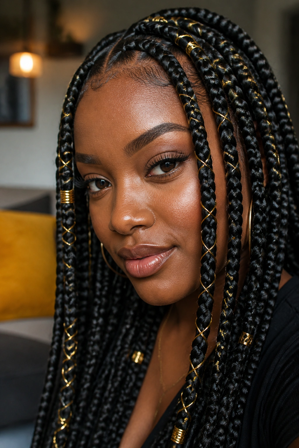 Close-up of a real woman with braided hair featuring metallic thread accents.