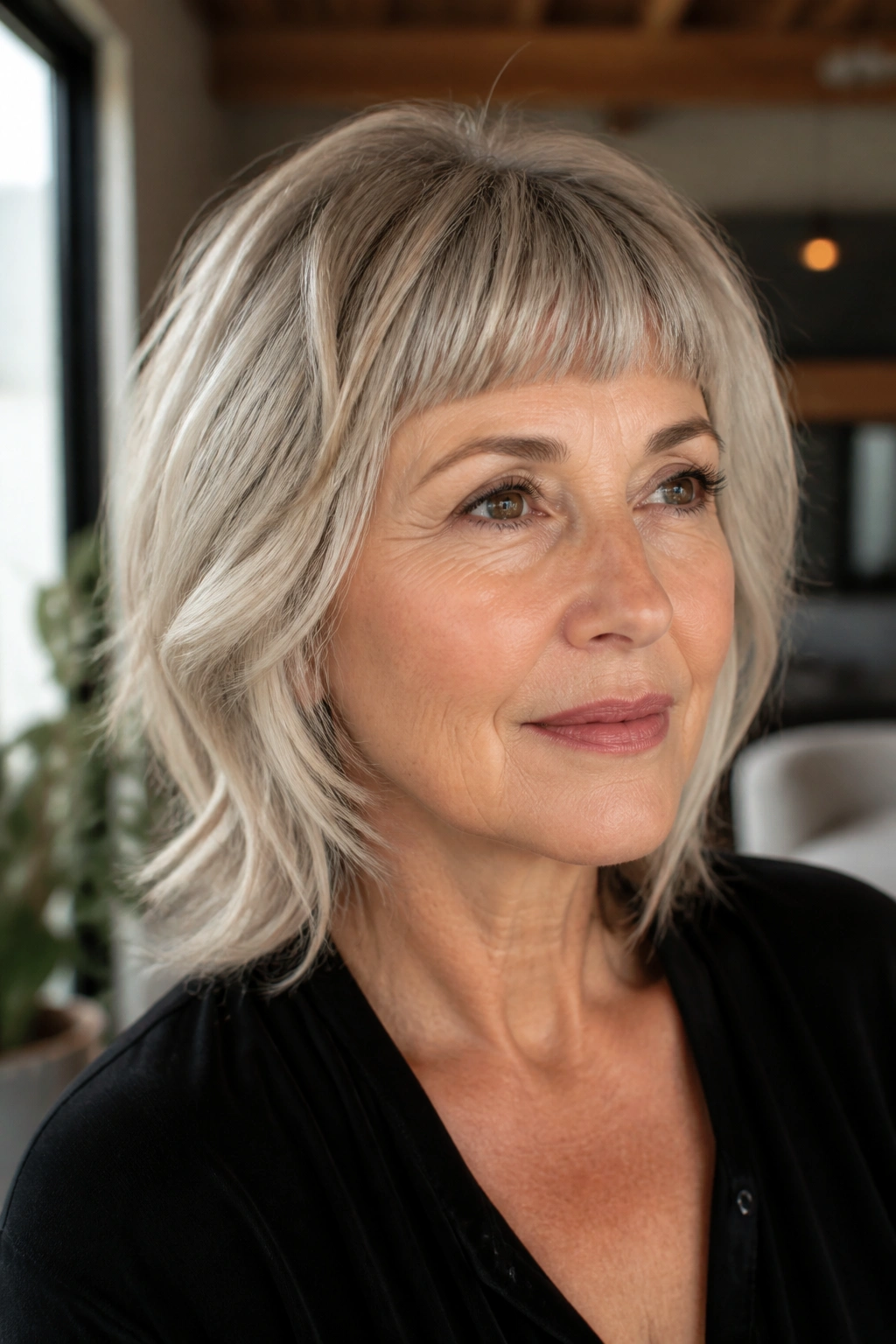 Close-up of a real woman with layered cut and micro-bangs