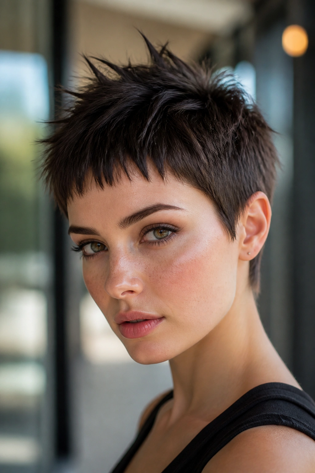 Close-up of a real person with micro-bangs and spiky pixie hairstyle