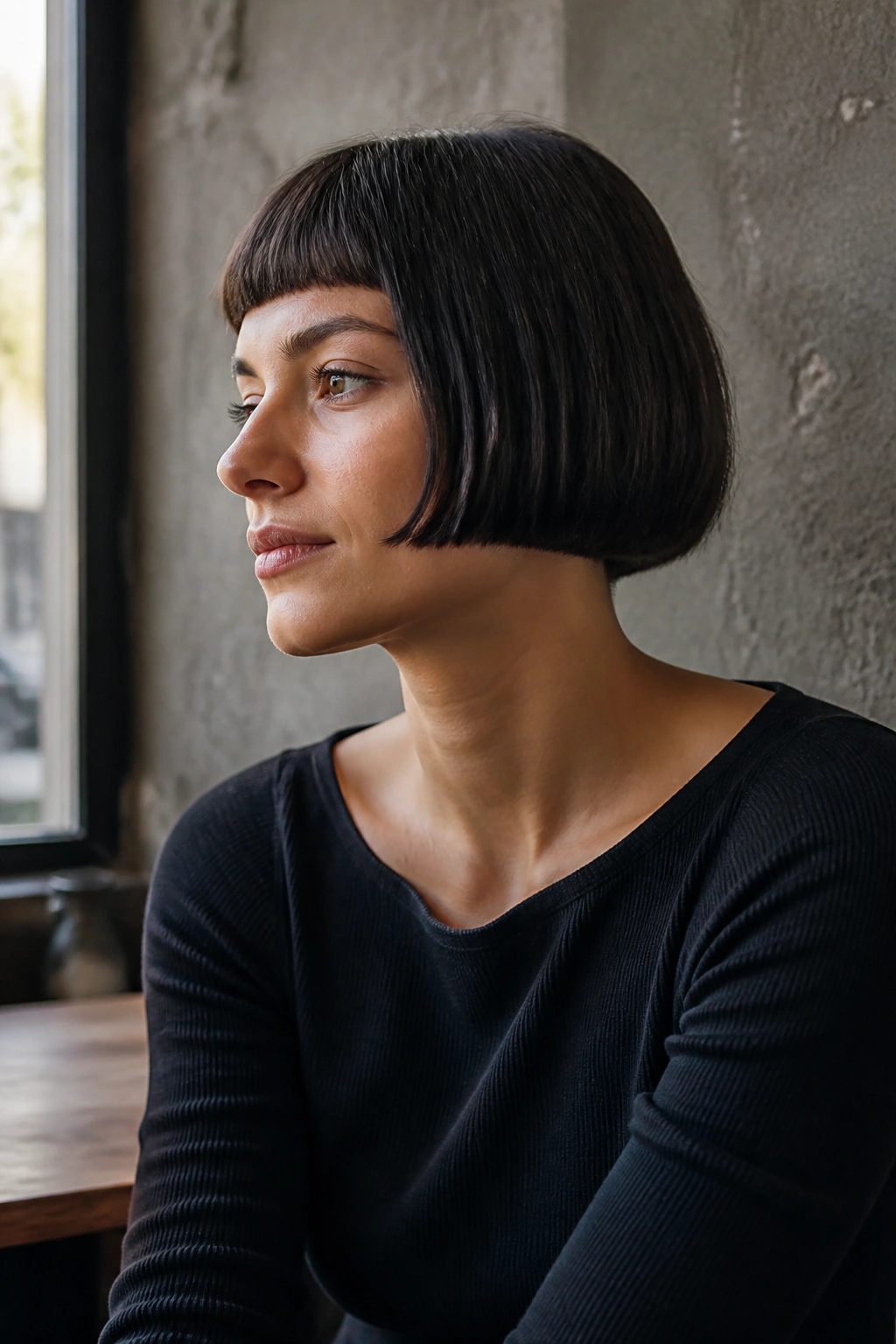 Close-up portrait of a real person with blunt micro bob at cheekbone level in soft light