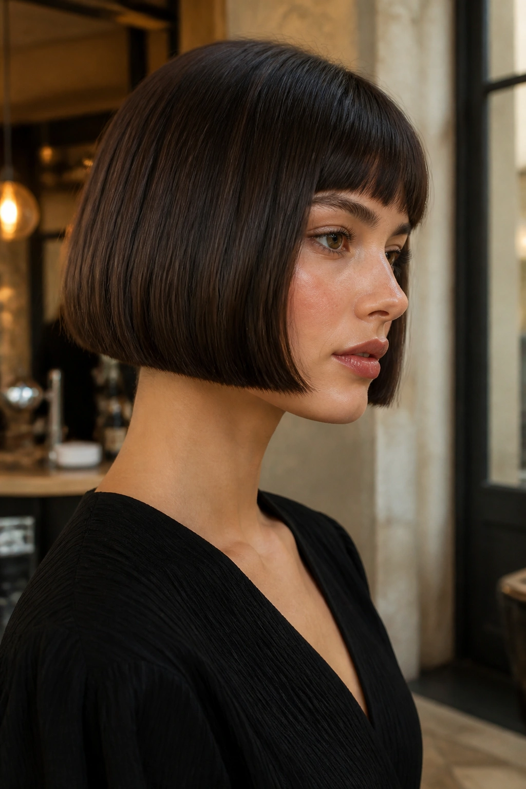 Close-up of a real person with a micro bob and heavy perimeter