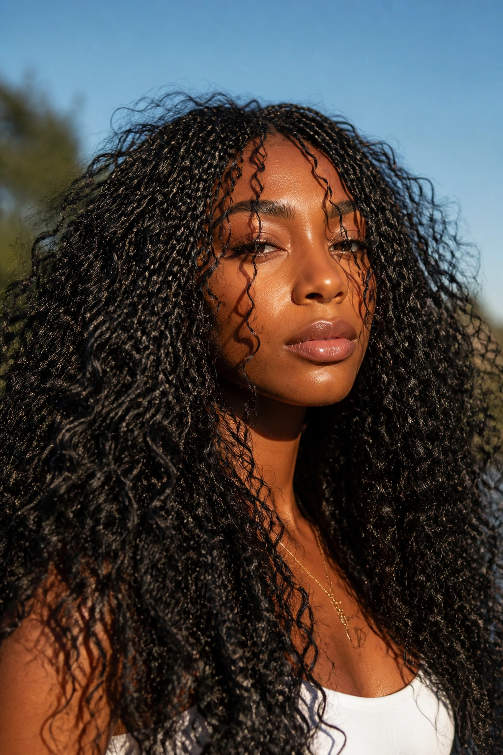 Close-up of a real woman with micro boho braids and voluminous curls