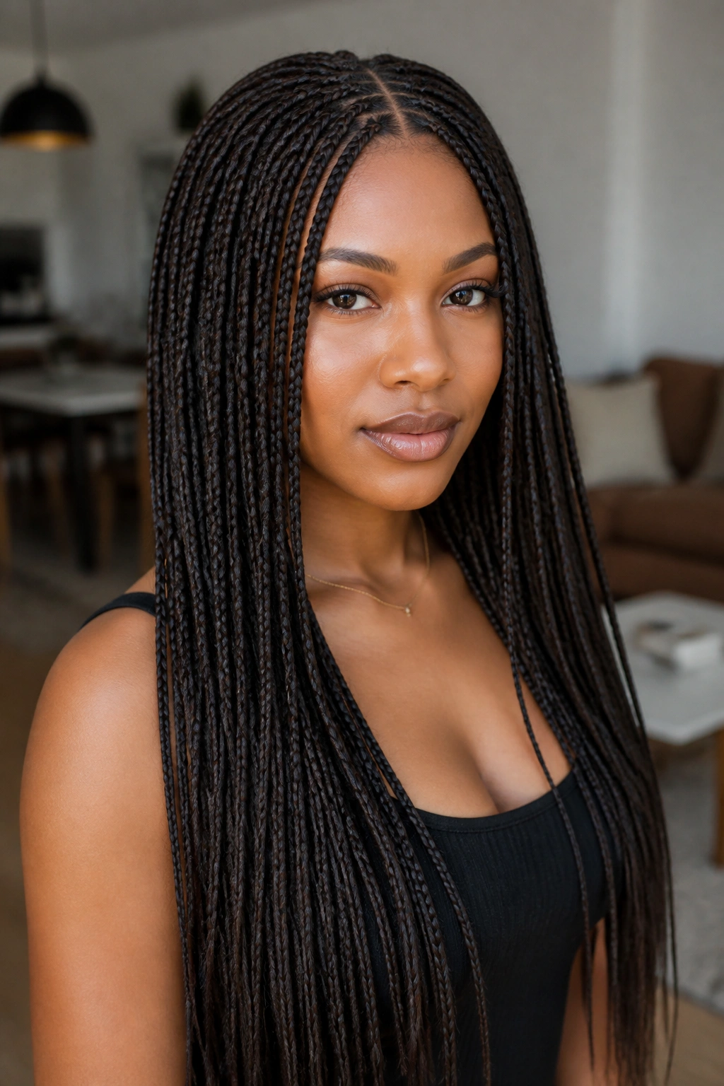 Real woman with micro box braids in a neutral setting