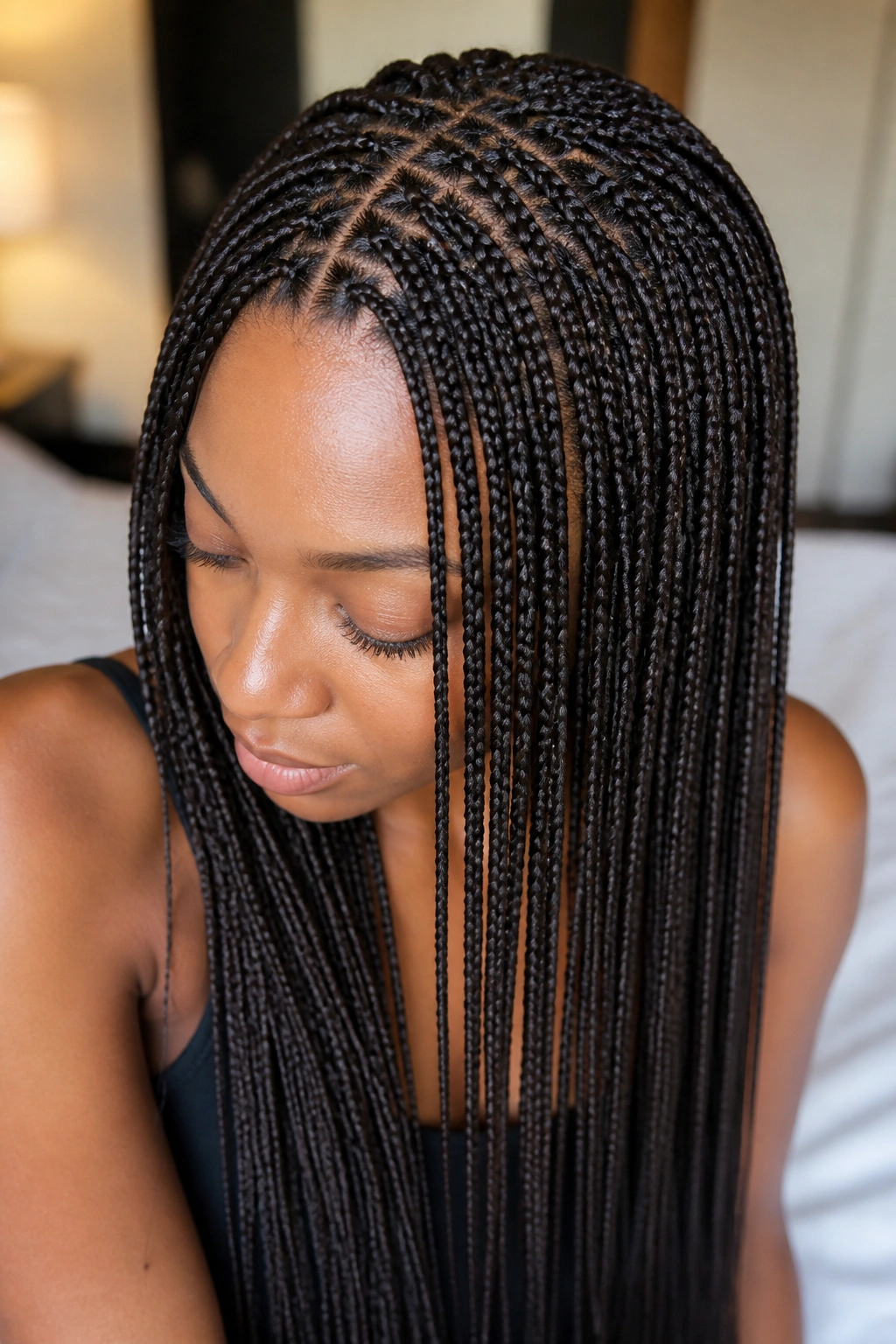 Close-up of a real person with tiny micro box braids