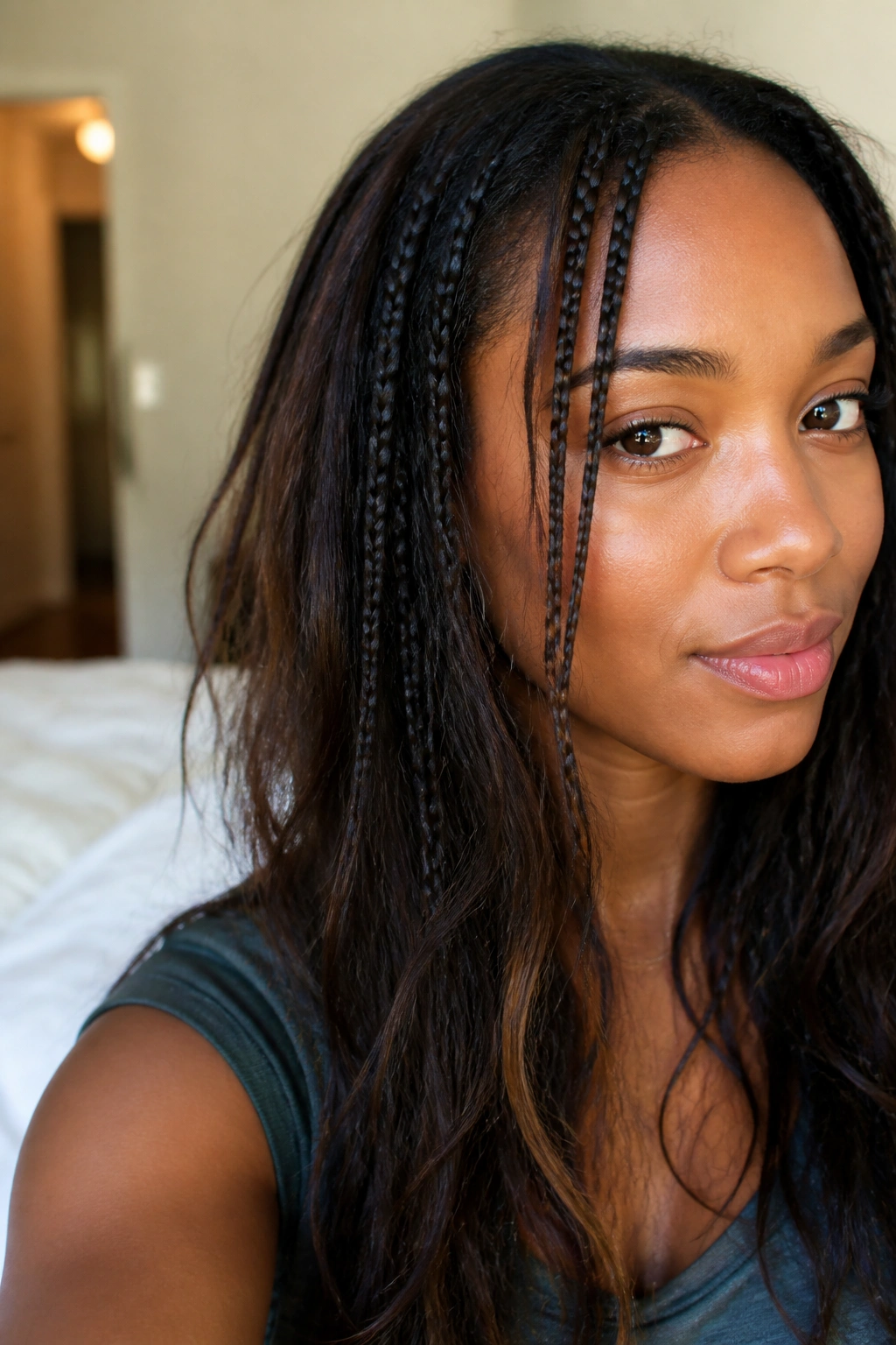Close-up of a woman with scattered micro braids on loose hair