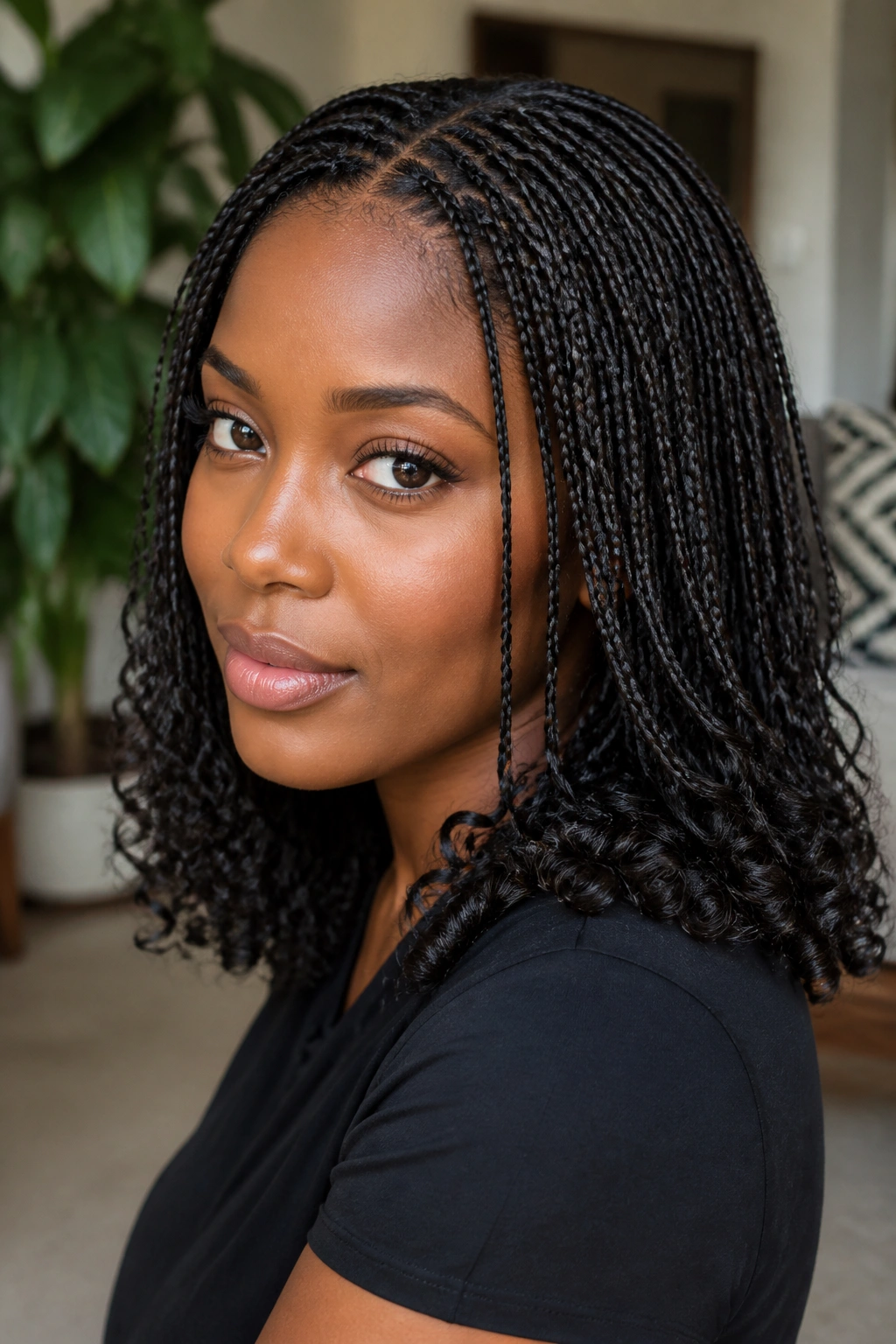 Real person with micro braids that end in curls, photographed in natural light