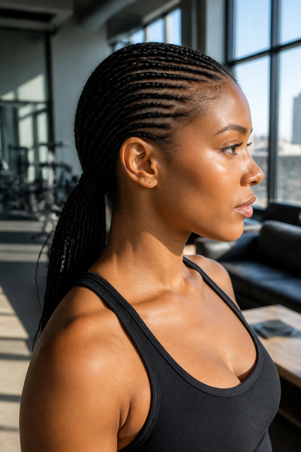 Close-up of a real woman with micro-braids feeding into a low ponytail