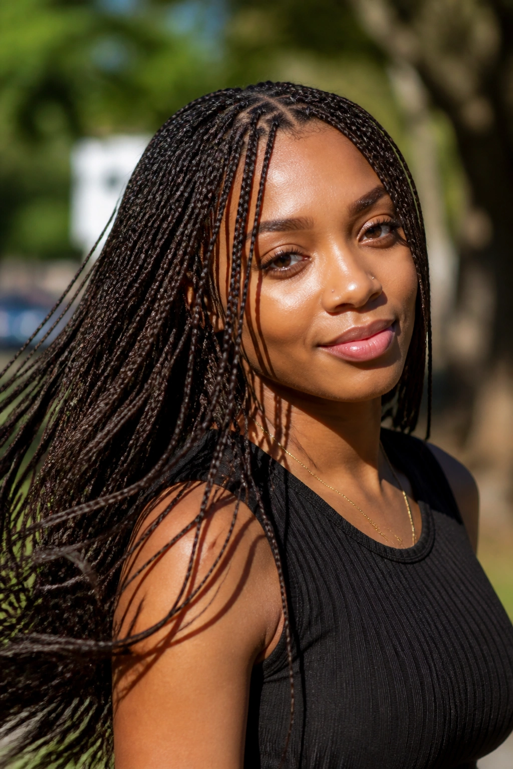 Real person with micro box braids in a sunlit park