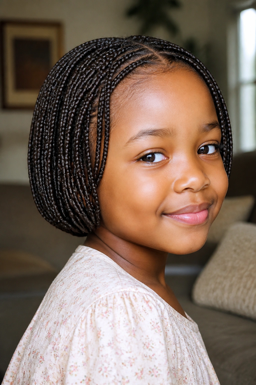 Child with micro braids and tucked-in ends in warm indoor light