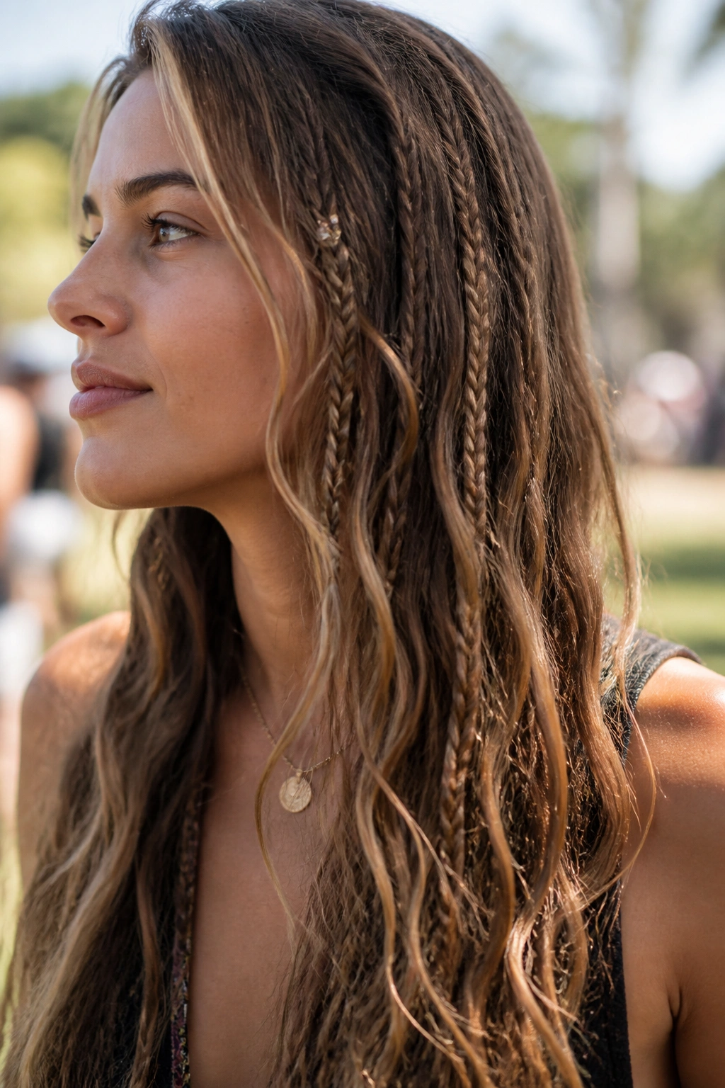 Close-up of a real woman with micro fishtail accents in loose hair