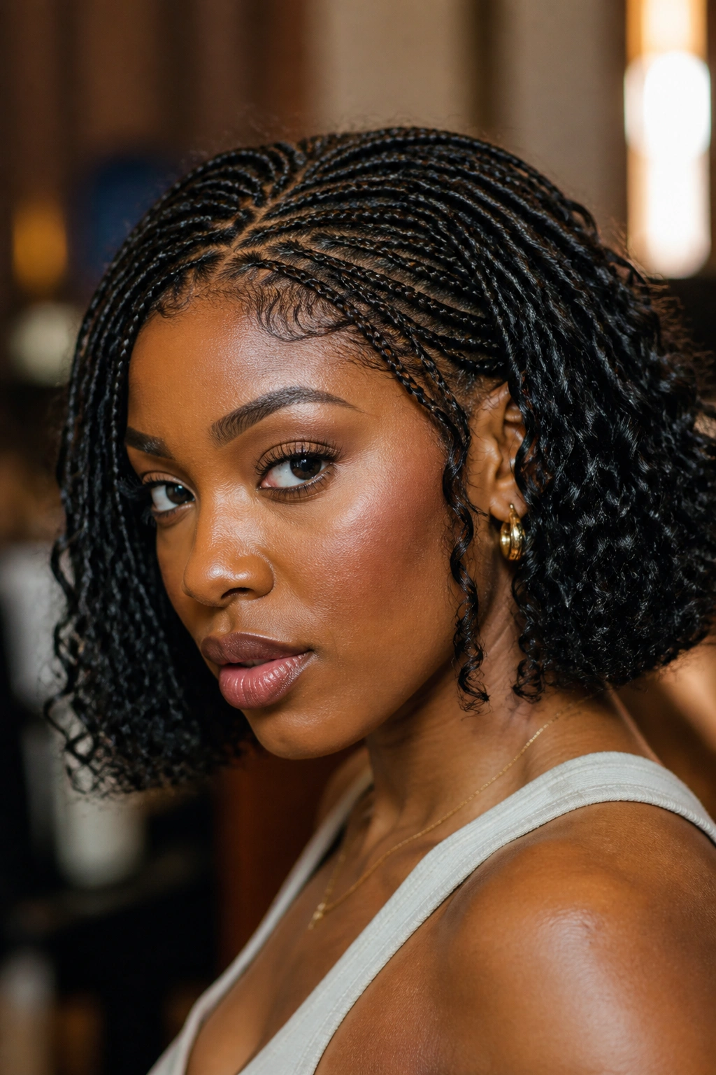 Close-up of a real woman with micro goddess braids