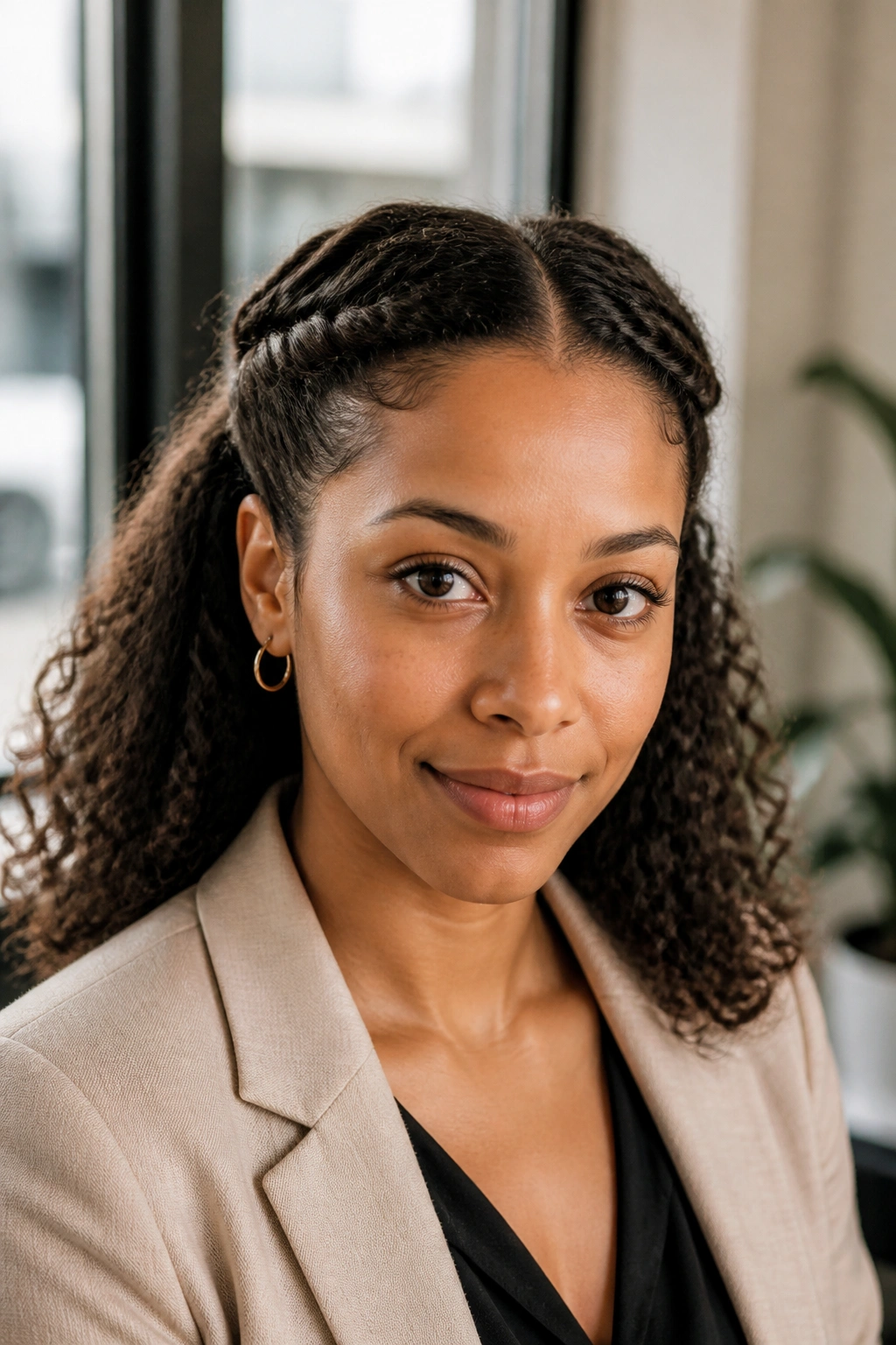 Close-up of a woman wearing micro-braids around the head for fine Type 3 hair.