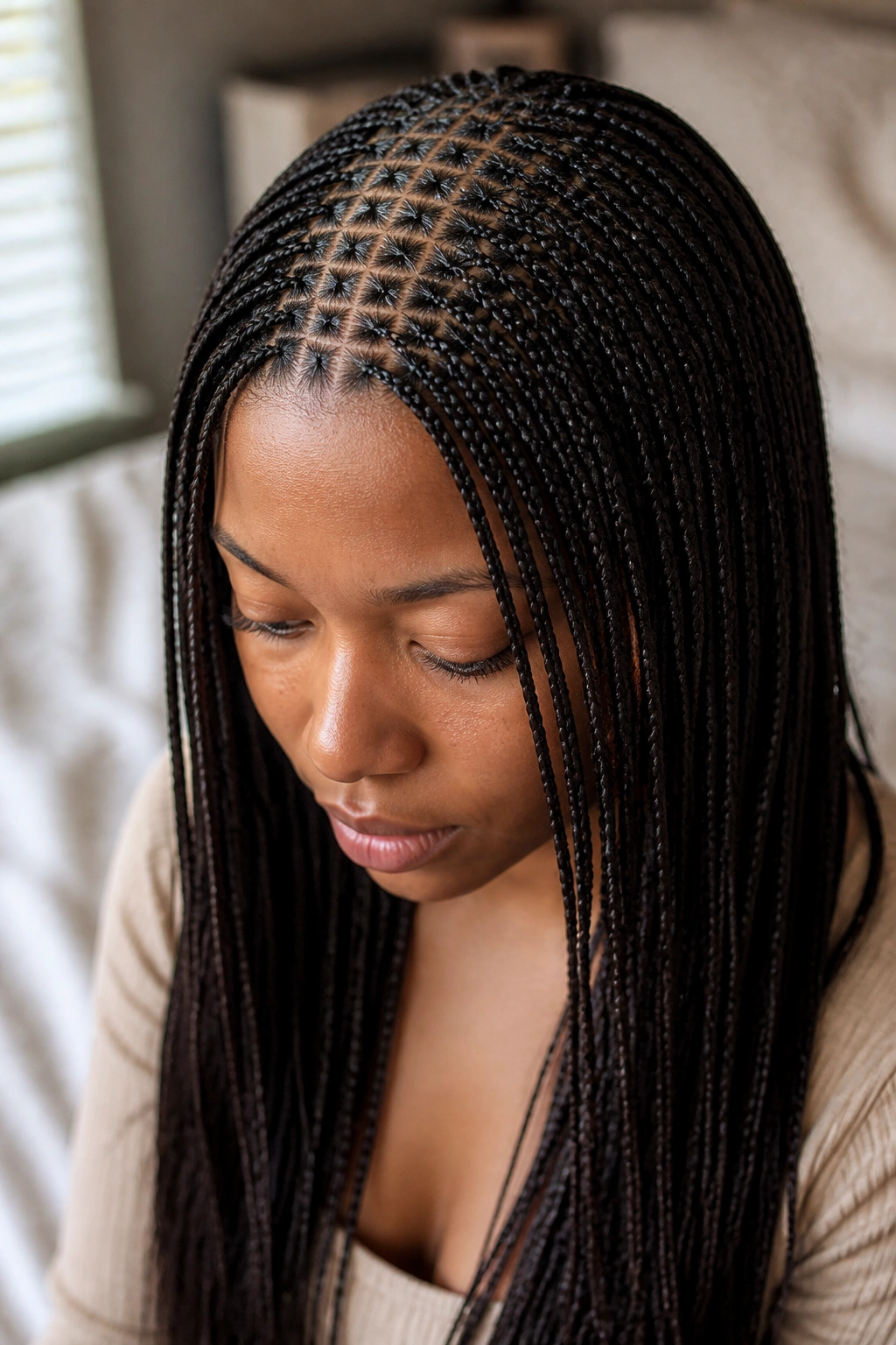 Close-up of a real woman with tiny micro square braids in a bedroom setting