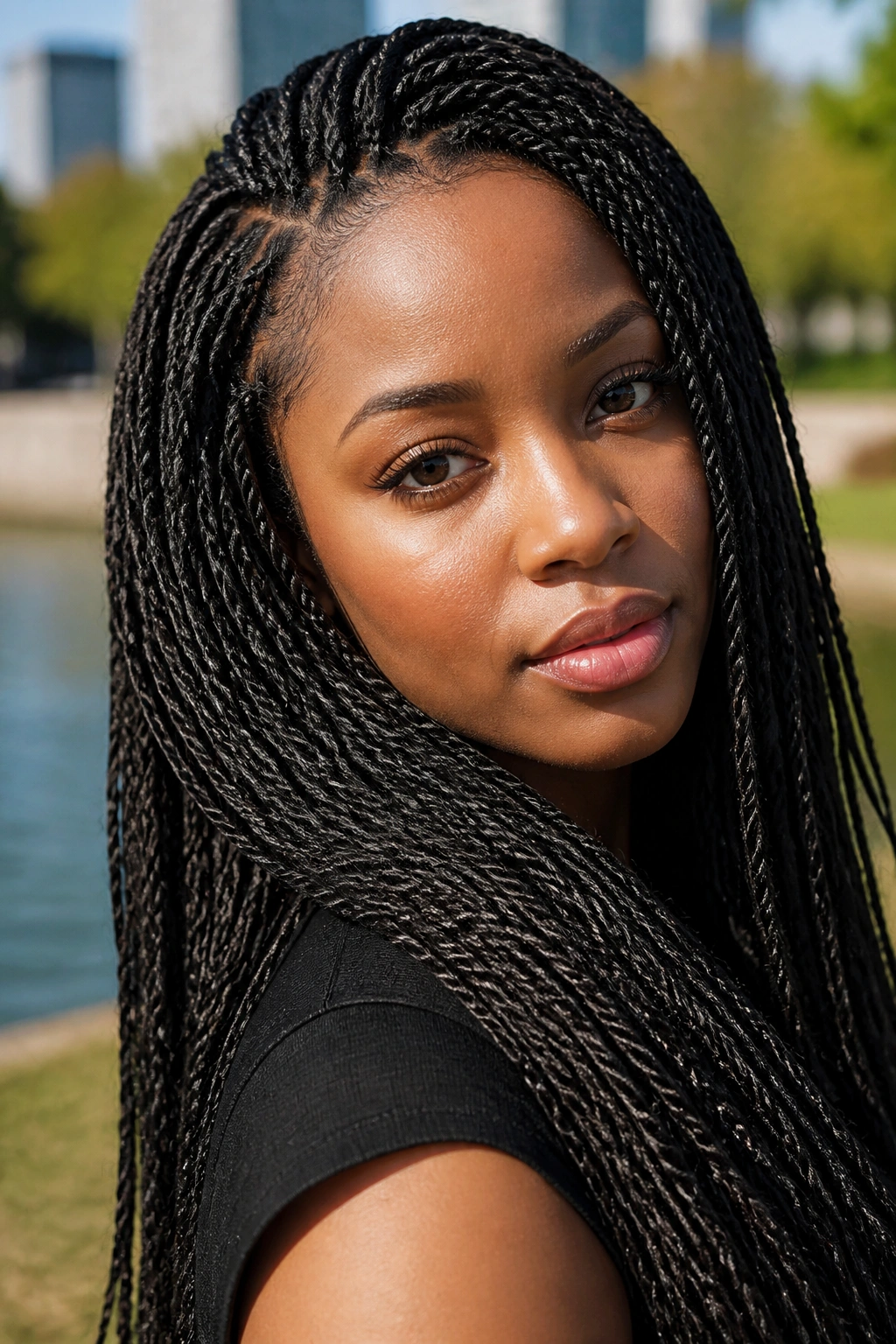 Portrait of a woman with micro twists, rope-like texture in natural sunlight