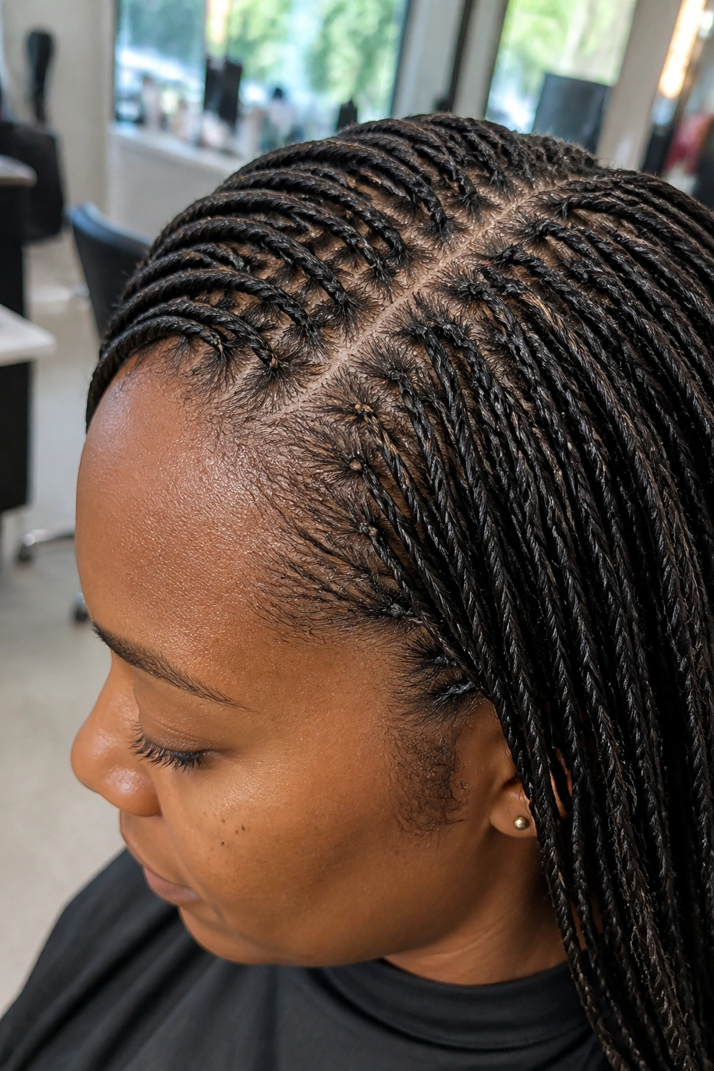 Close-up of a real person with micro twists exposing the scalp in a bright salon