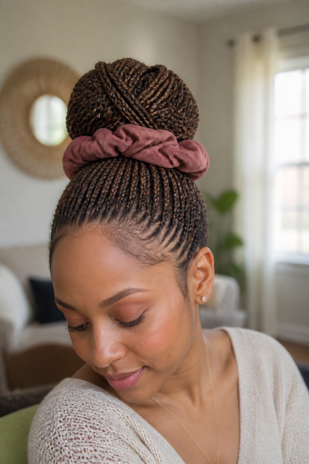 Close-up portrait of a real person with a high bun made from micro braids