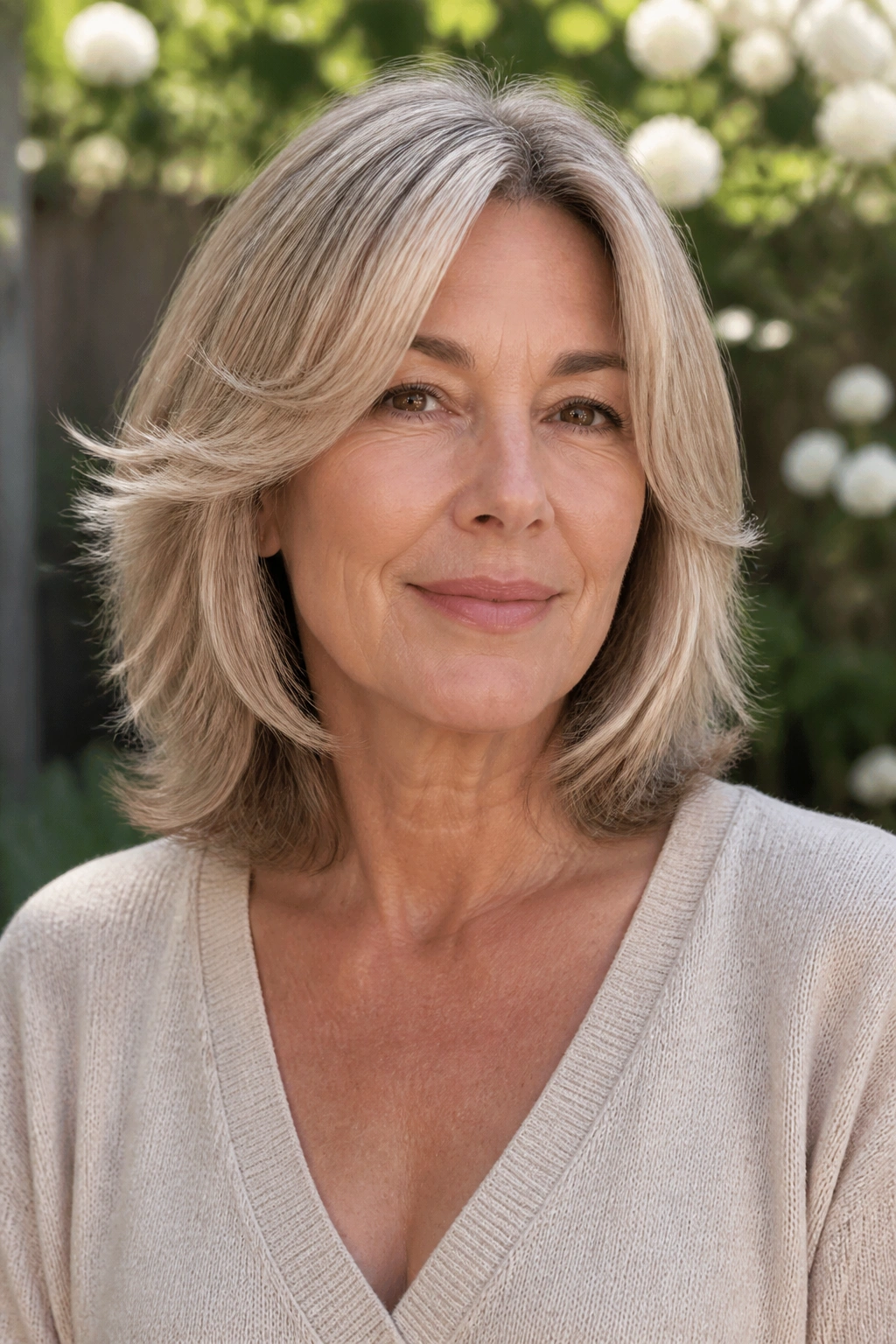 Portrait of a woman with mid-length cut and cheekbone layers in garden light