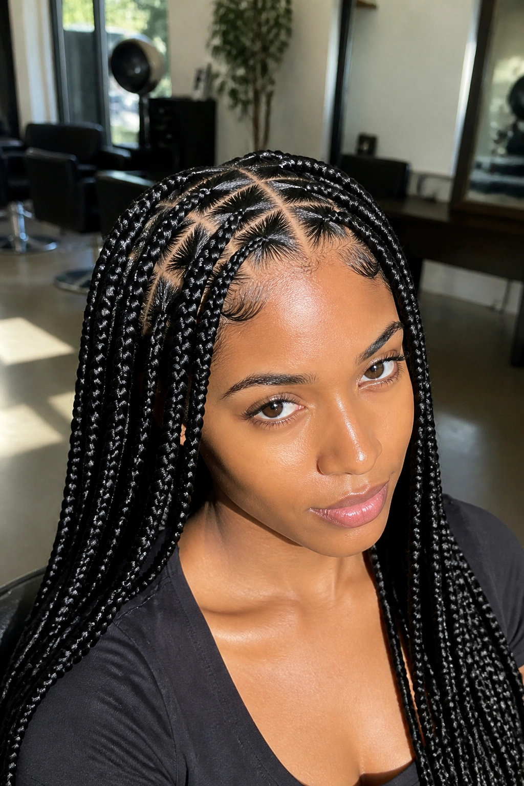 Close-up of a real person with jet-black knotless braids and razor-sharp triangle parts.