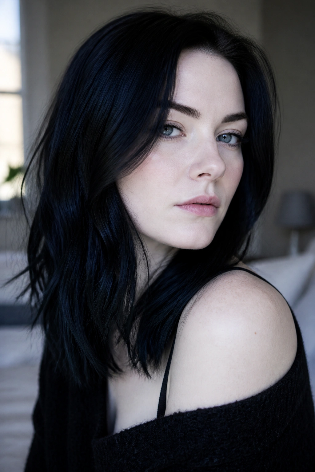 Close-up of pale-skinned woman with glossy midnight black hair and blue undertones in window light